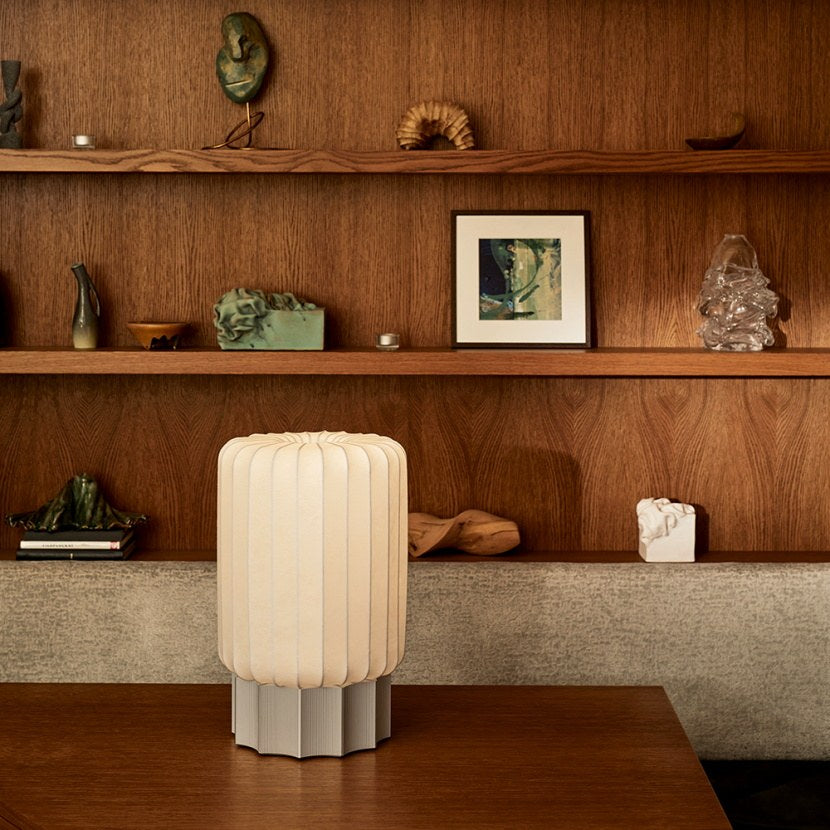 Modern Mulberry Silk Cylinder Table and Floor Lamp in Pewter Gray - 05 05-scene-floor-lamp