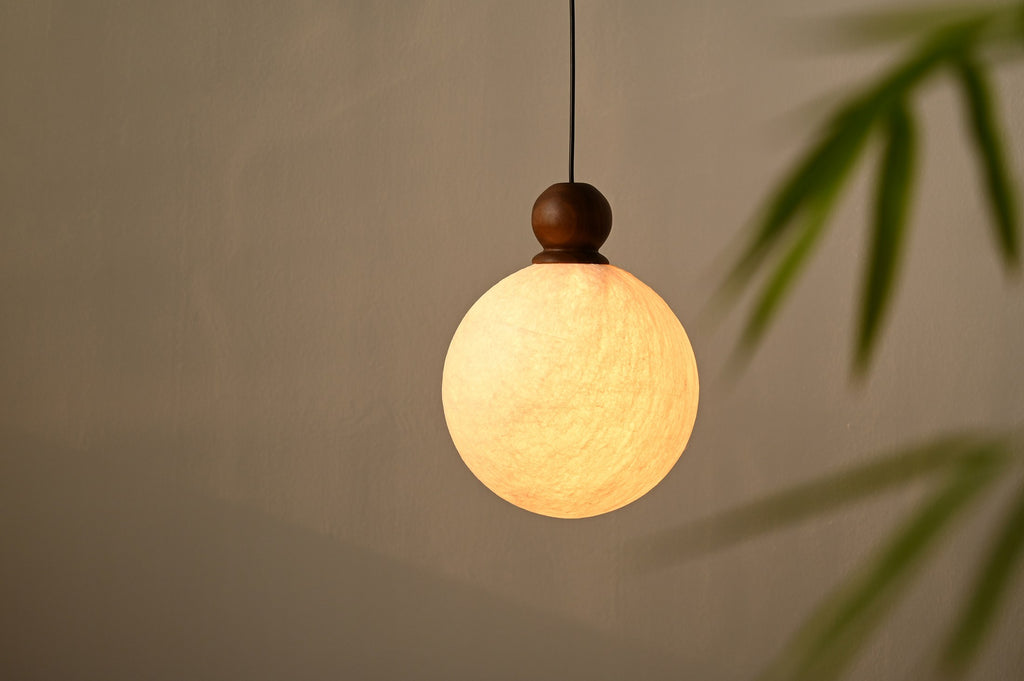 Modern Mulberry Silk Globe Pendant Light in Dark Walnut - 05 05-scene-globe-pendant-dining-room