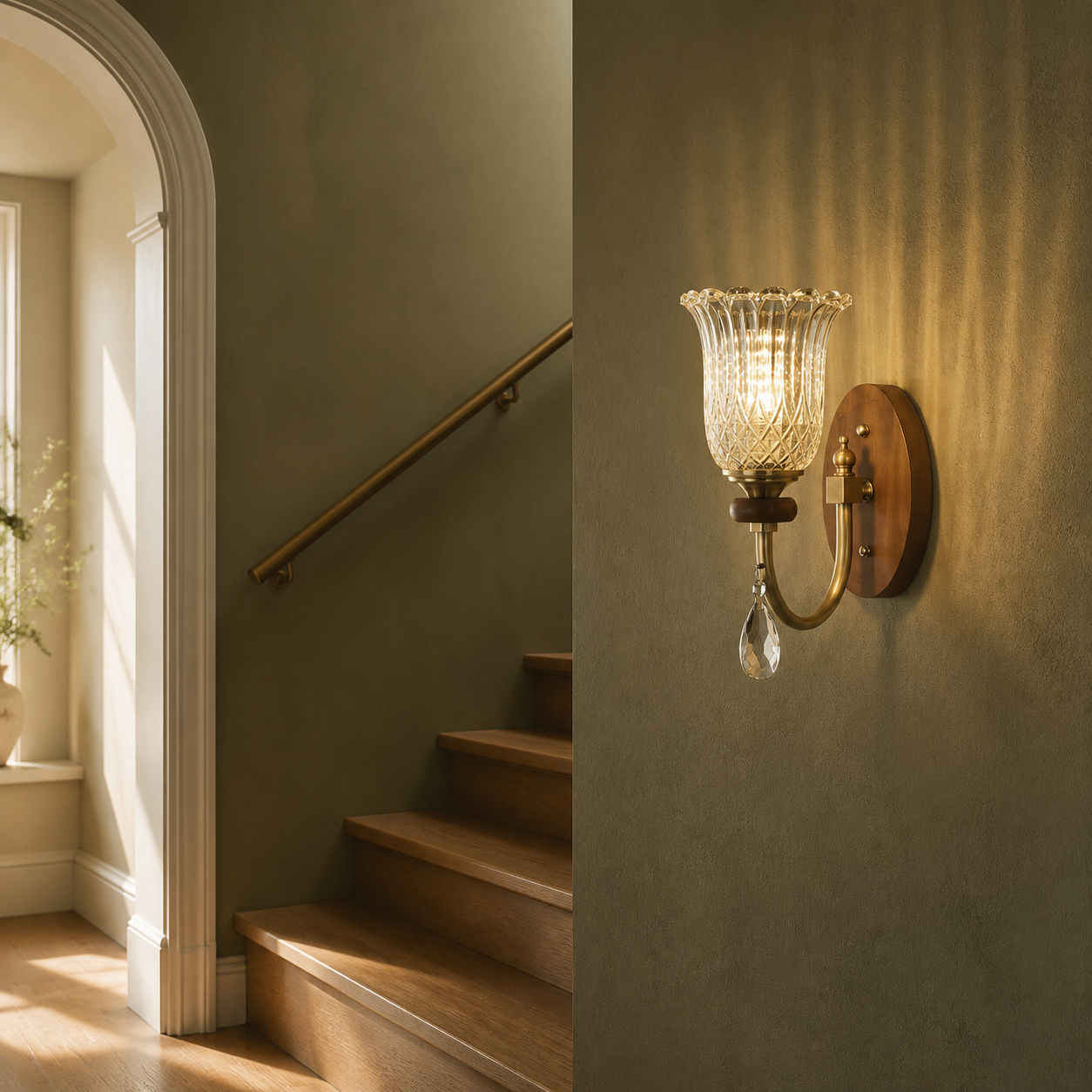 Ribbed tulip glass wall sconce on the right at an olive stair landing