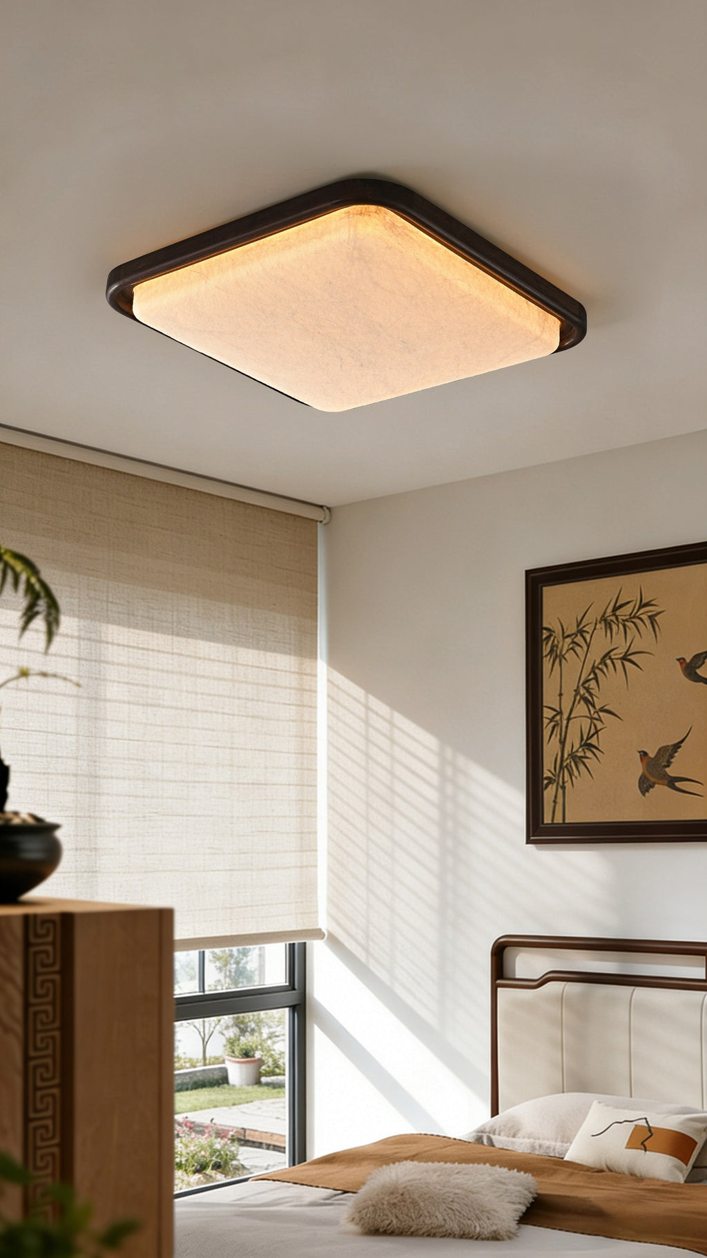 Modern Mulberry Silk Geometric Ceiling Light in Walnut and White - 05 05-scene-square-ceiling-light-living-room