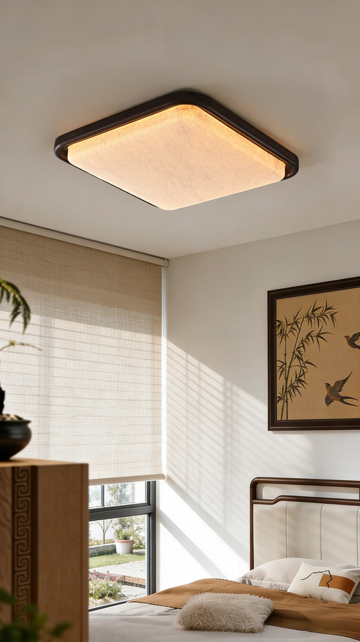 Modern Mulberry Silk Geometric Ceiling Light in Walnut and White - 05 05-scene-square-ceiling-light-living-room