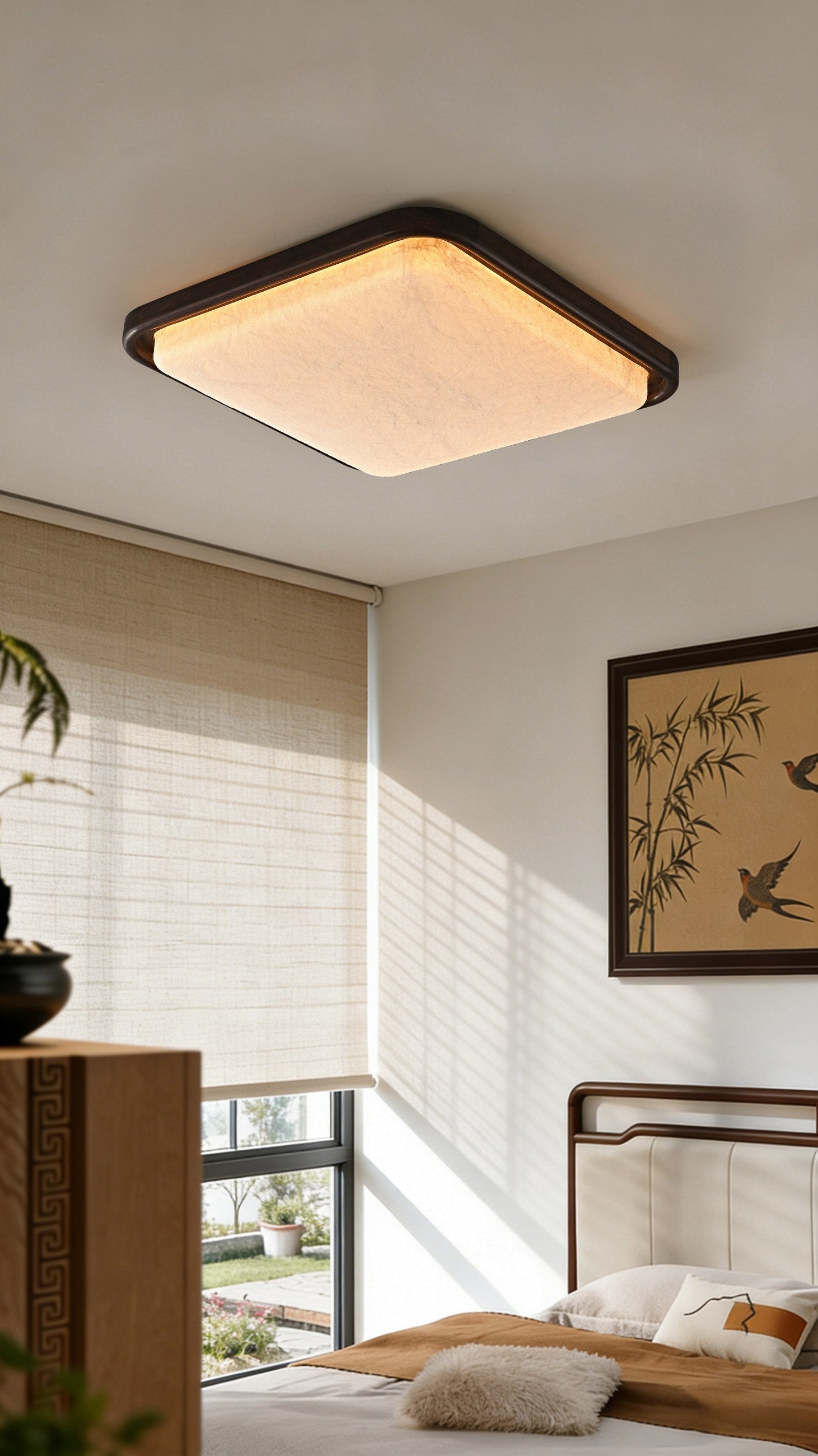 Modern Mulberry Silk Geometric Ceiling Light in Walnut and White - 05 05-scene-square-ceiling-light-living-room