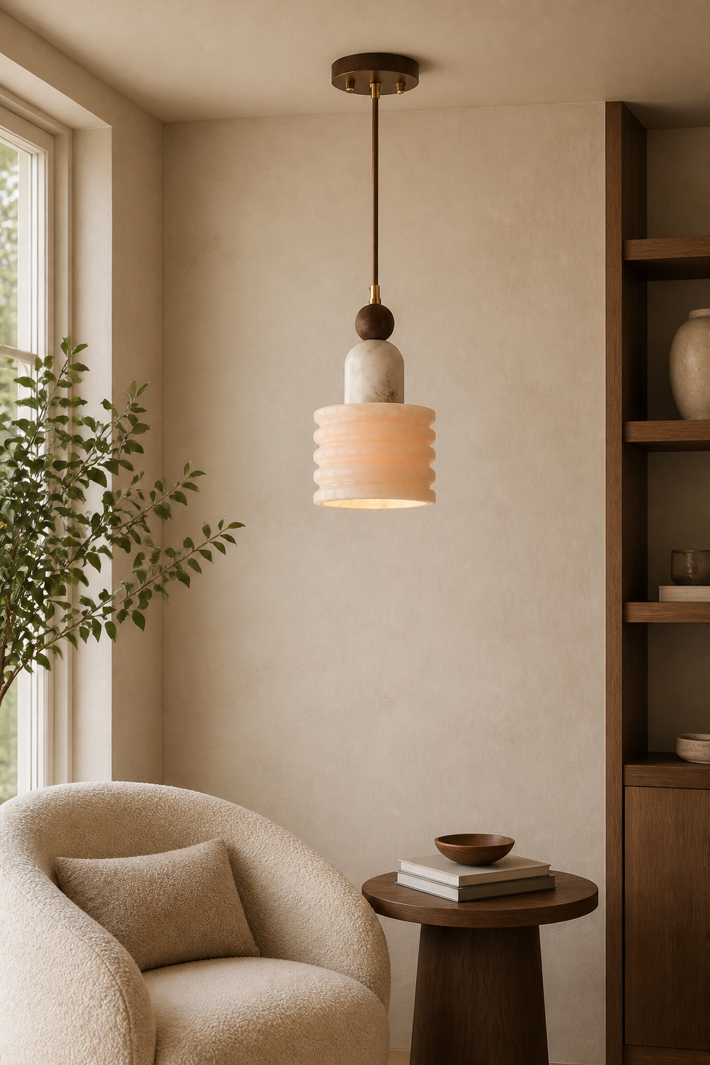 Alabaster and Walnut Single Pendant Light - curated collection card scene