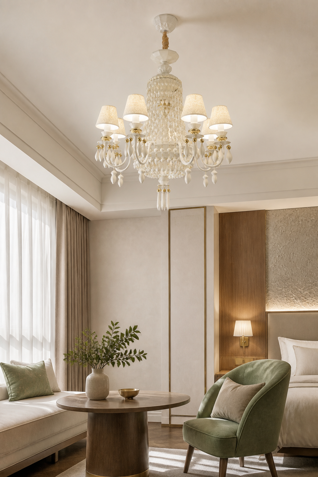 Ivorelle 8-light chandelier – boutique hotel bedroom sitting area