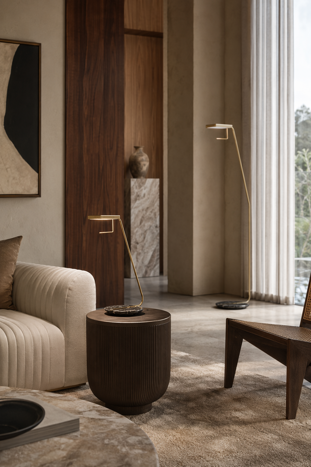 Antique Brass Marble LED Table Lamp styled in a living room, view 5
