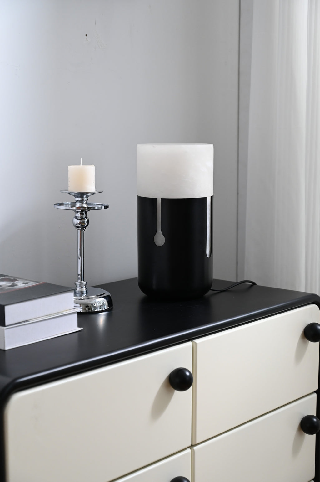 Modern Spanish Alabaster Cylinder Table Lamp in Matte Black - 06 06-DSC_8520-upright
