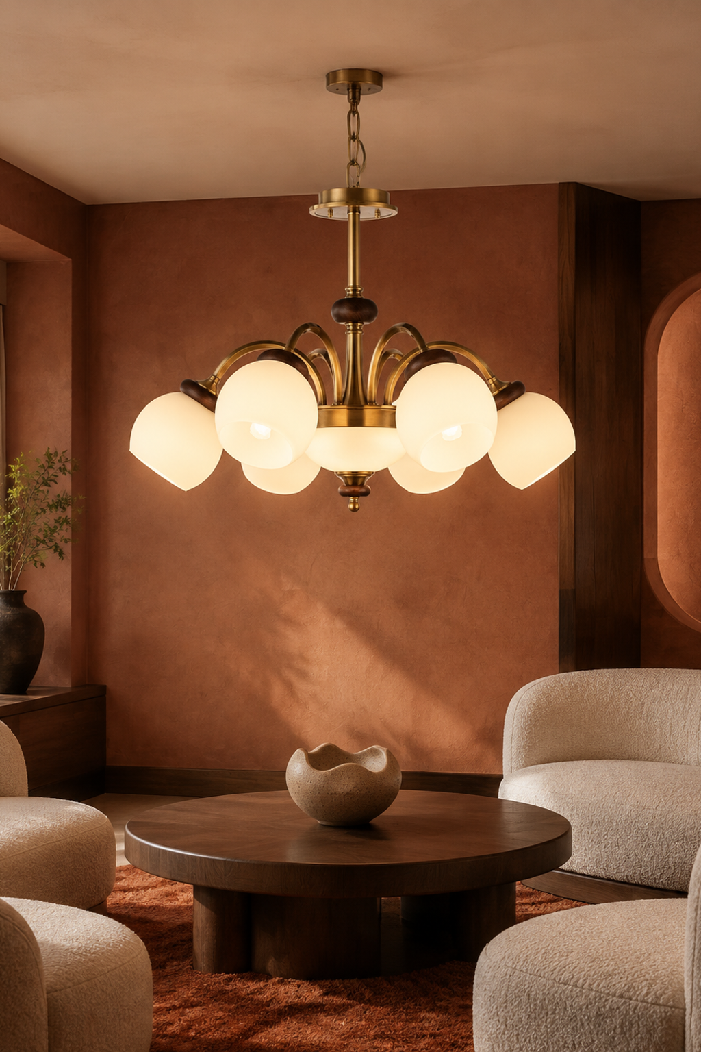 Arborenne six-light chandelier centered above a round conversation table in a terracotta lounge, fixture lit