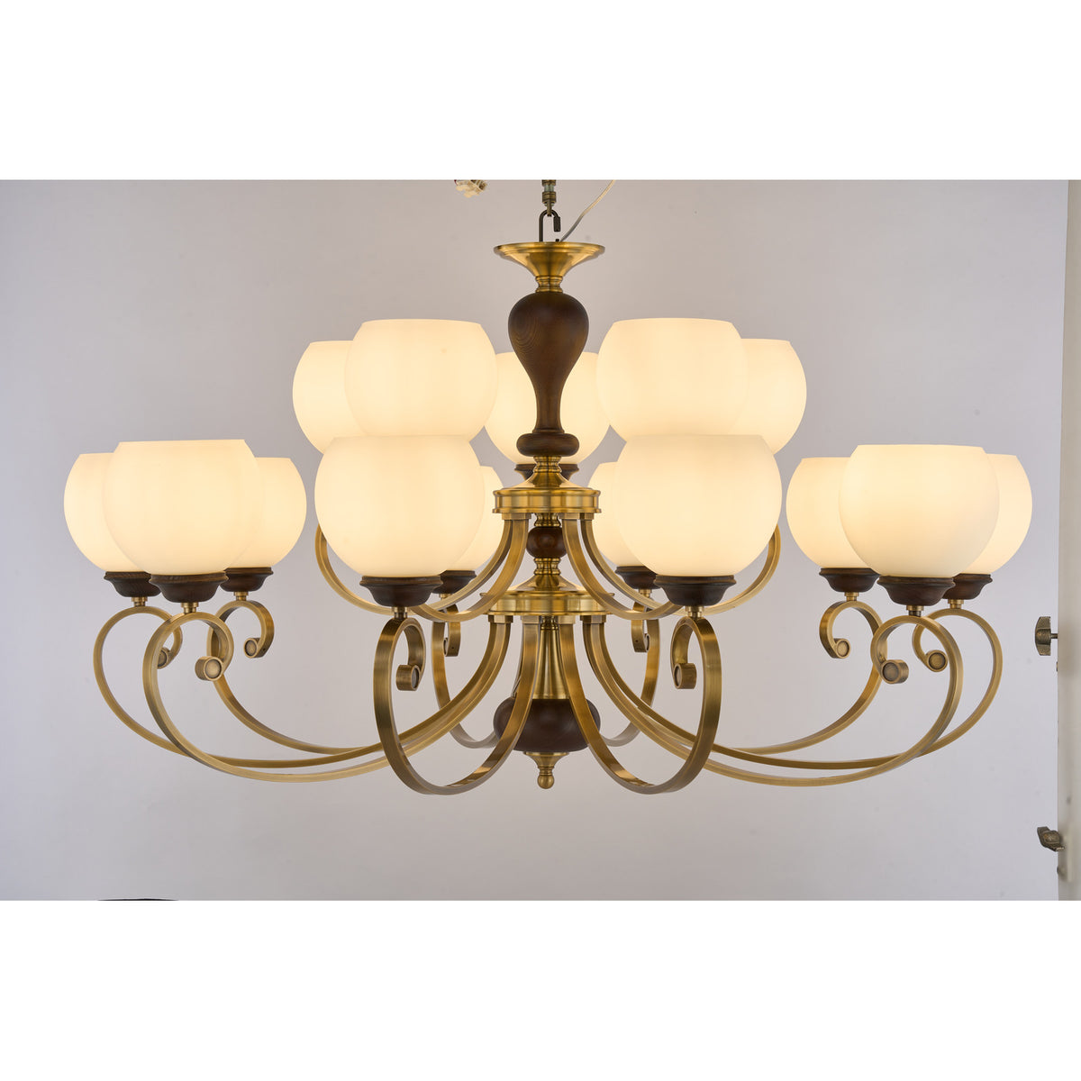 Supplier real photograph of the Aurellane fifteen-light two-tier chandelier complete front view