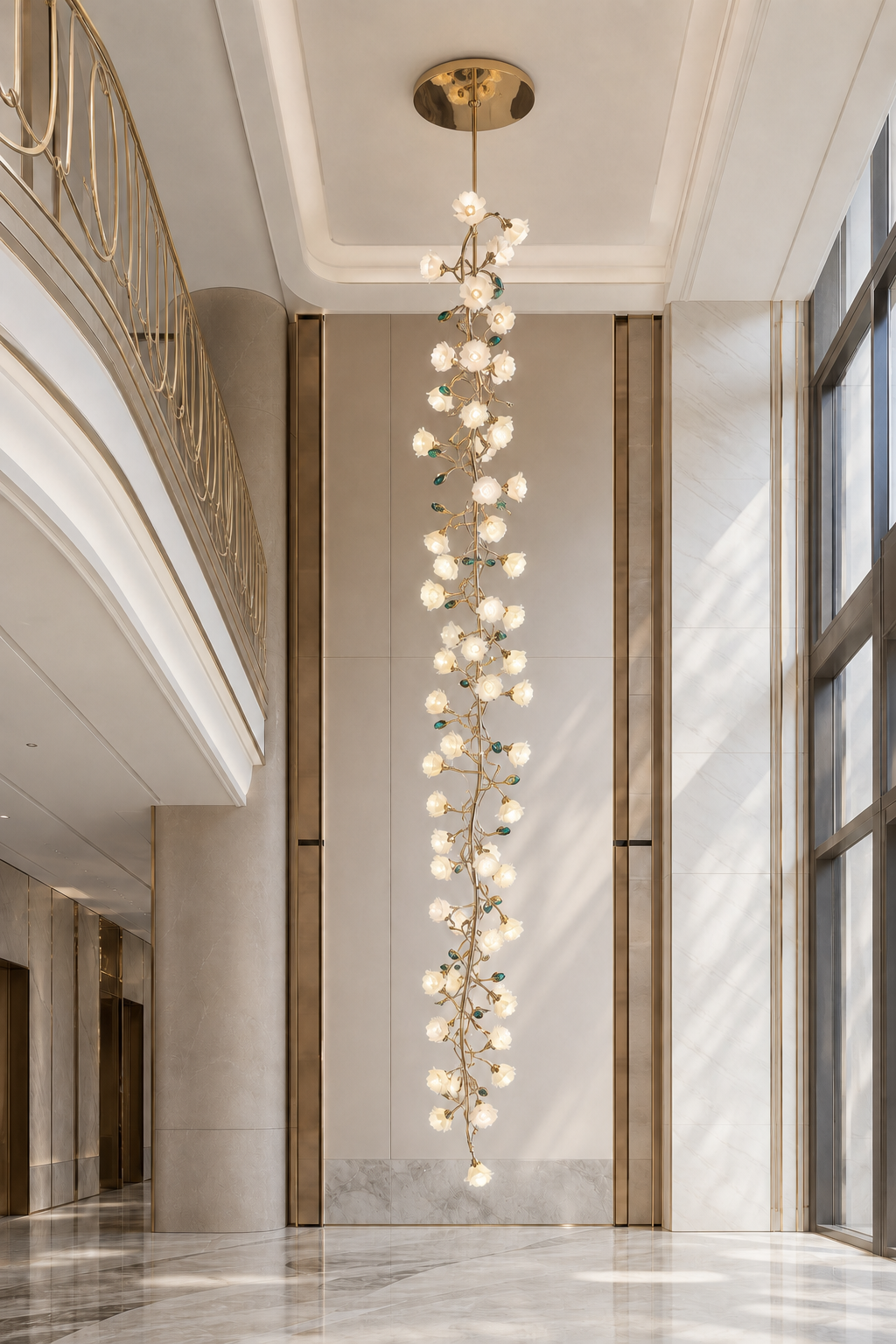 Sylverelle long chandelier – ballroom foyer with flat round canopy