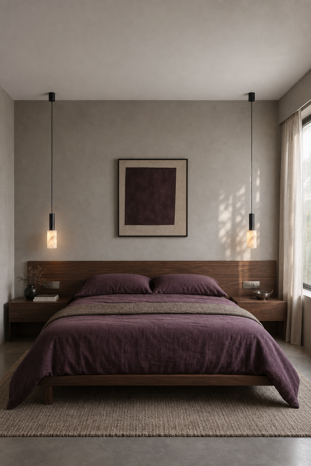 Pair of Azurelith Blue Crystal Cylinder Pendant Lights beside a contemporary bed, black finish