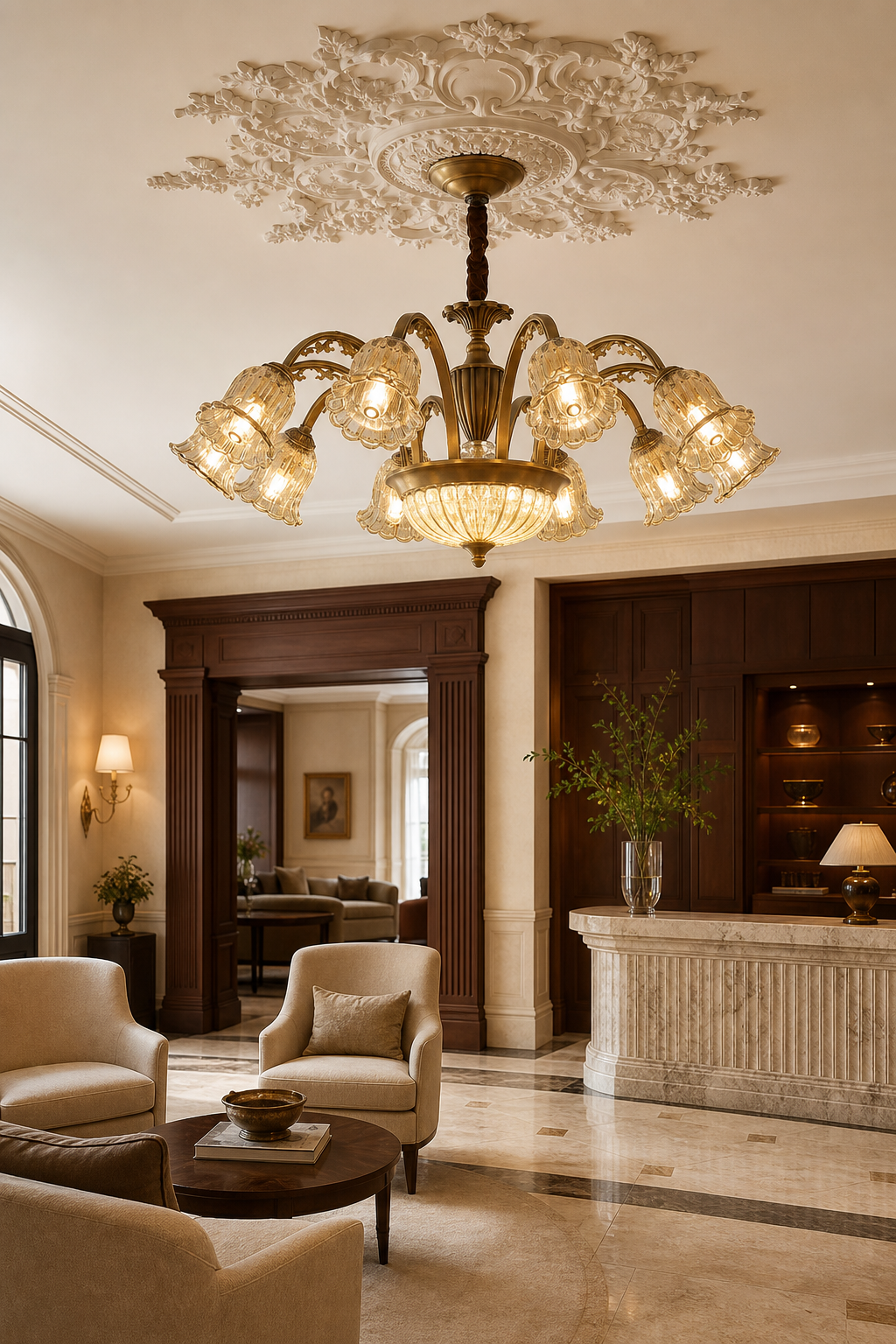 Vintage Brass Floral Glass Chandelier boutique hotel lounge