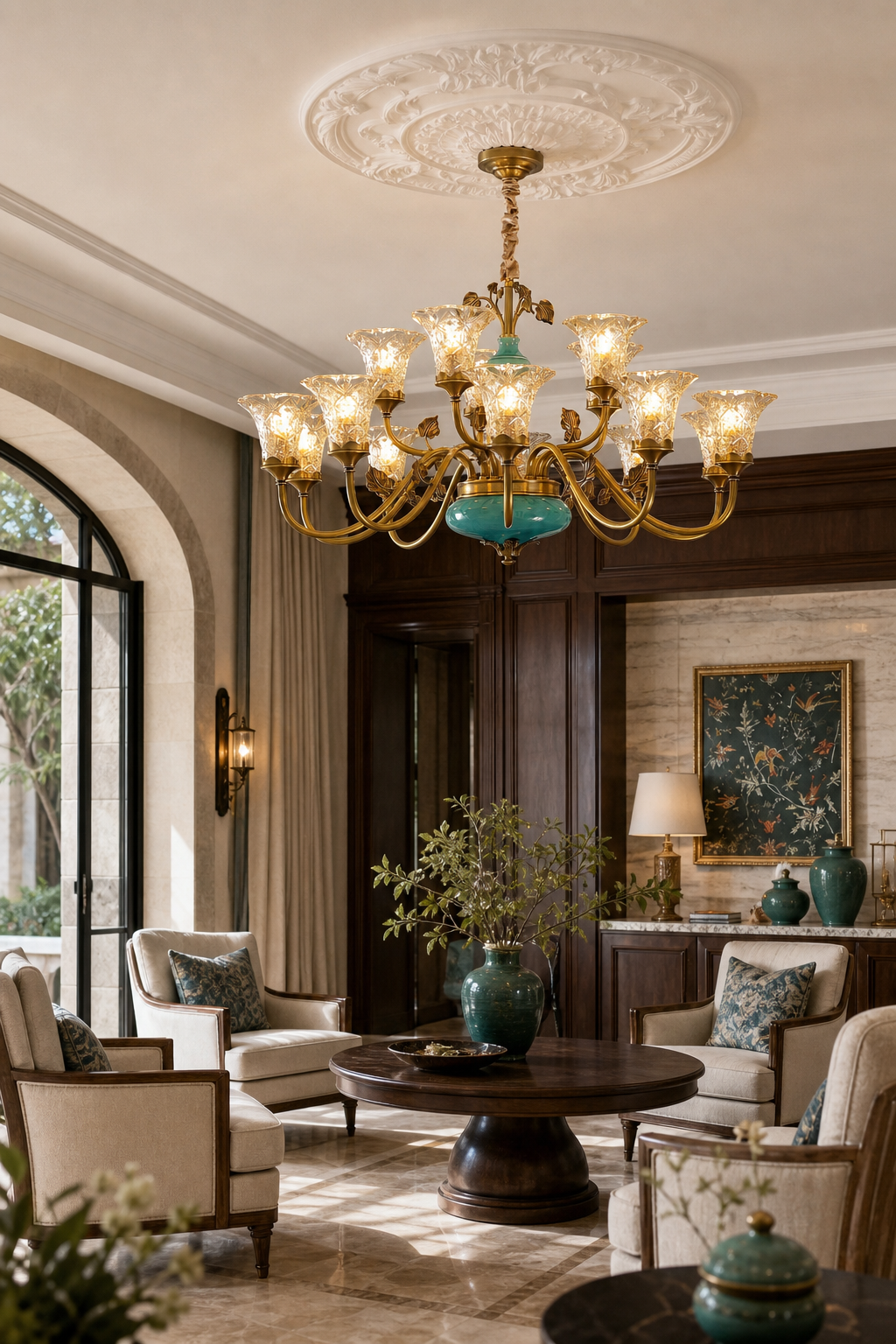 Tiffany Blue Ceramic Two-Tier Chandelier boutique hotel lounge
