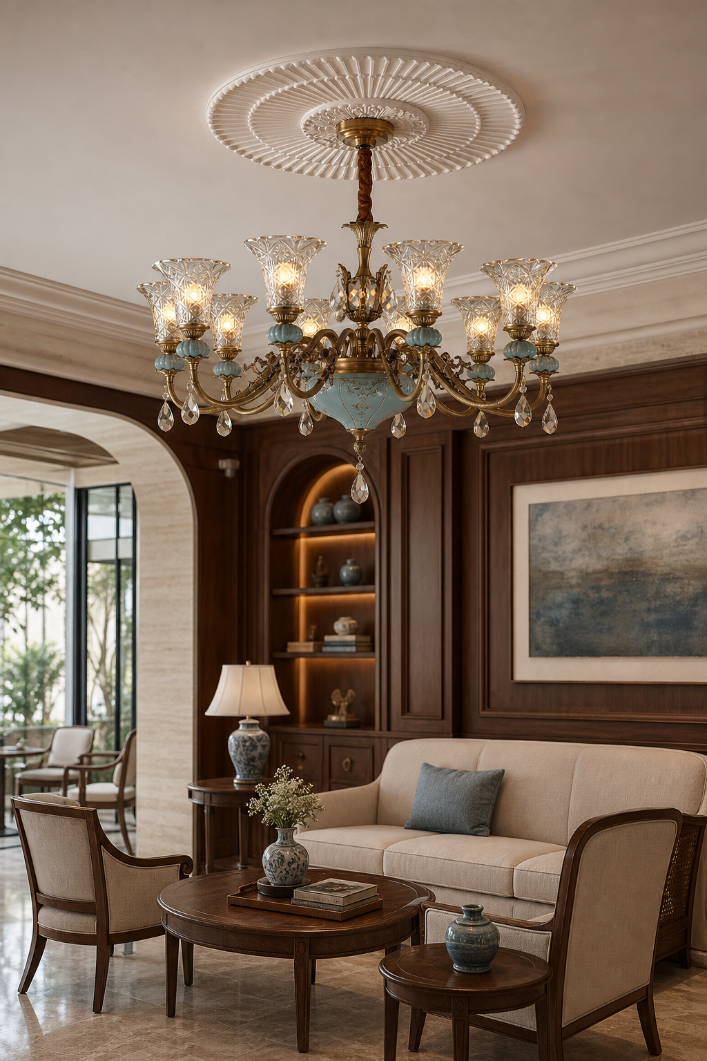 Blue Glazed Ceramic Brass Chandelier boutique hotel lounge