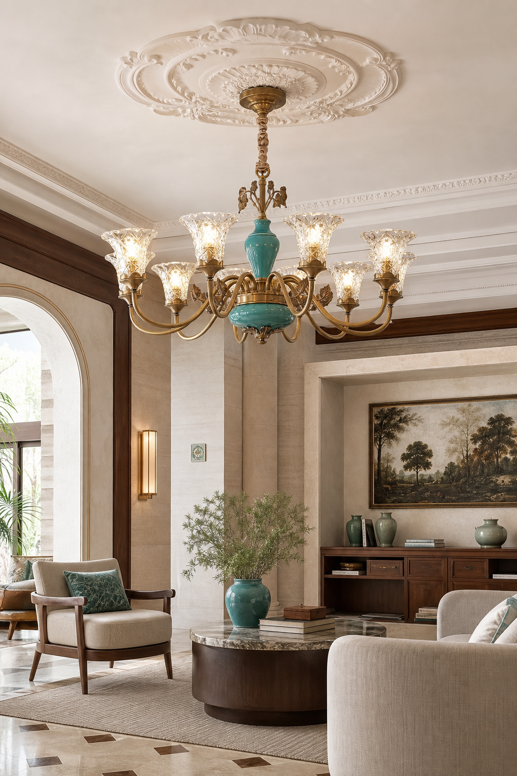 Tiffany Blue Ceramic Brass Chandelier boutique hotel lounge