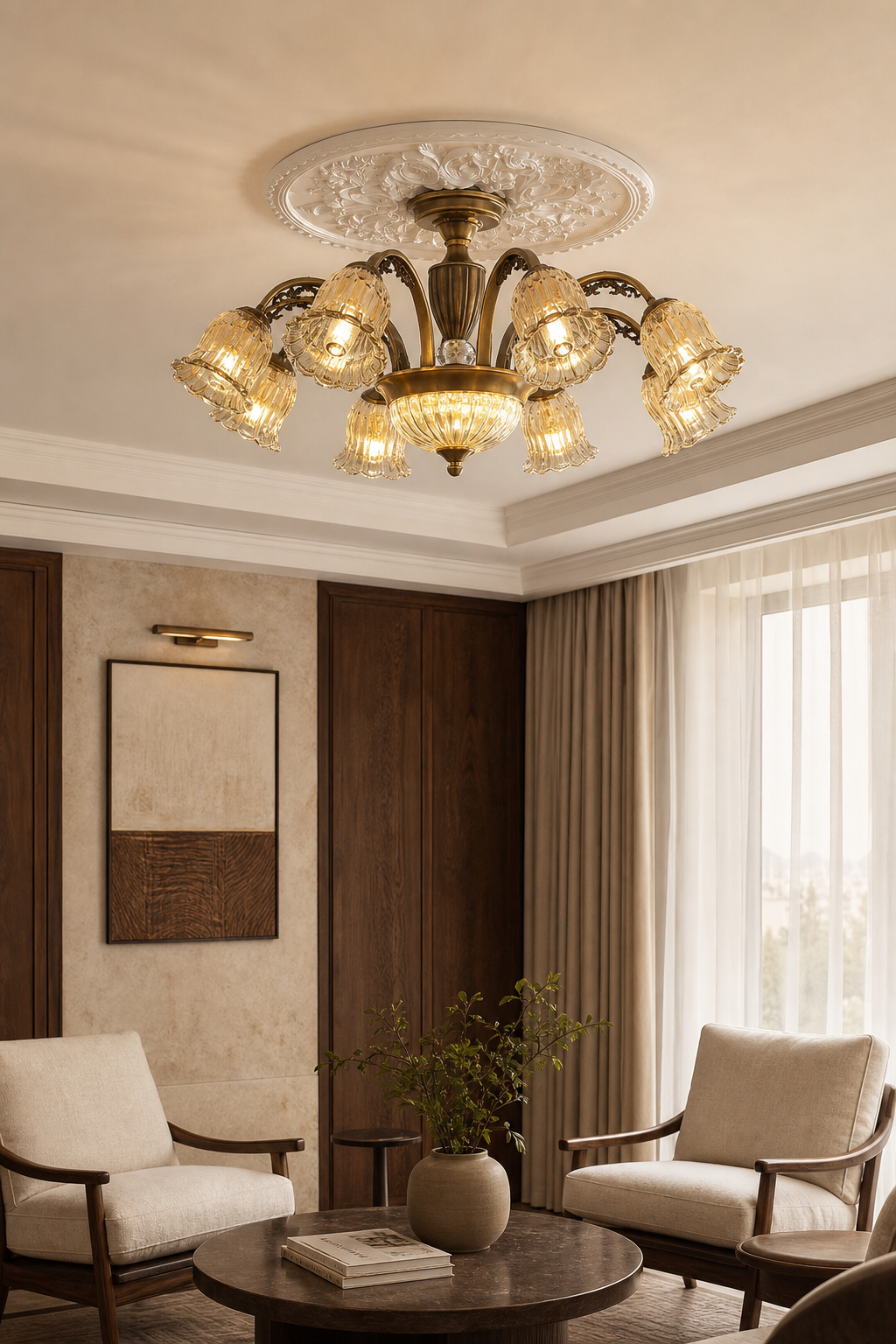 Vintage Brass Floral Glass Flush Mount boutique hotel room