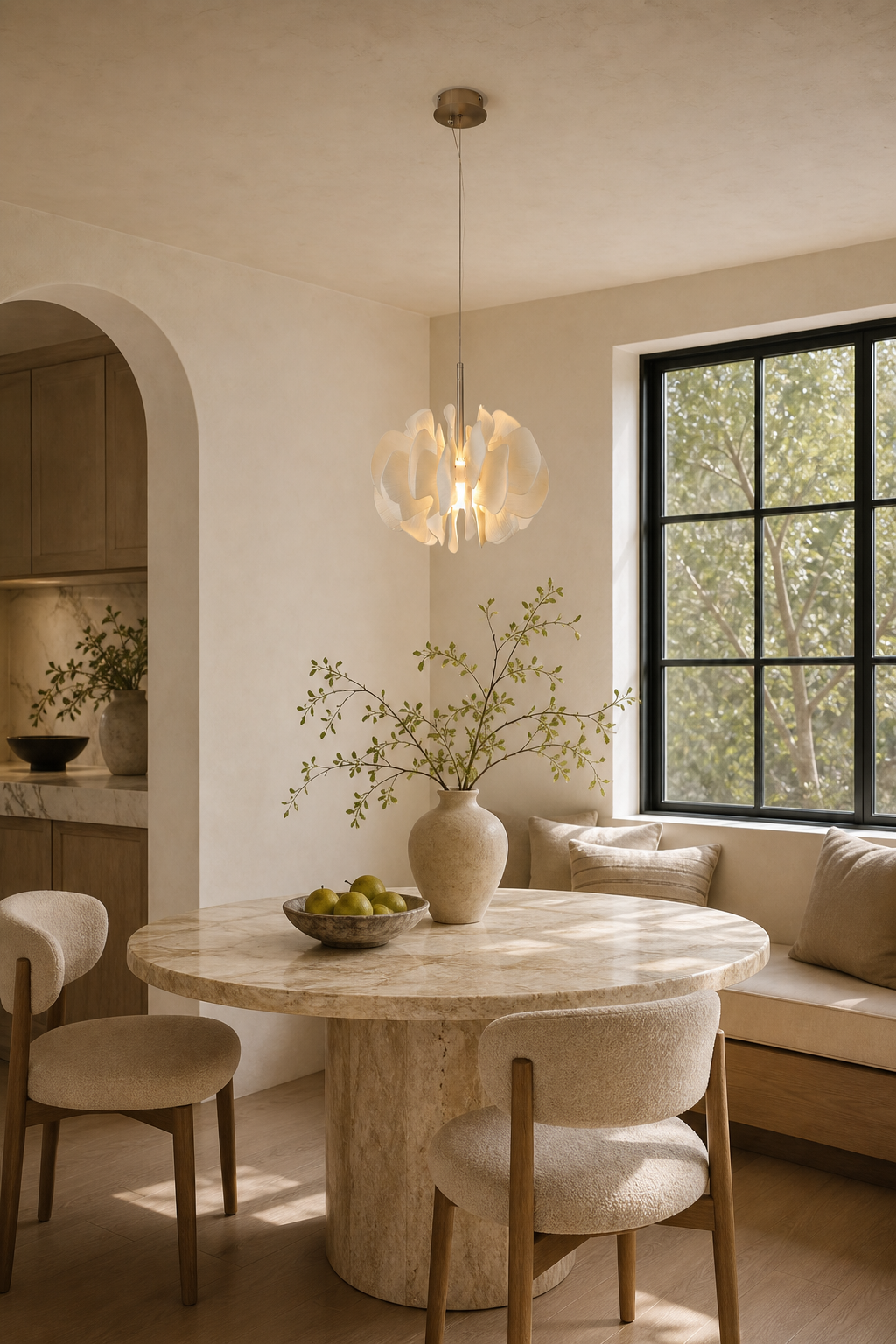 Sculptural Ivory Ceramic Petal Pendant breakfast nook
