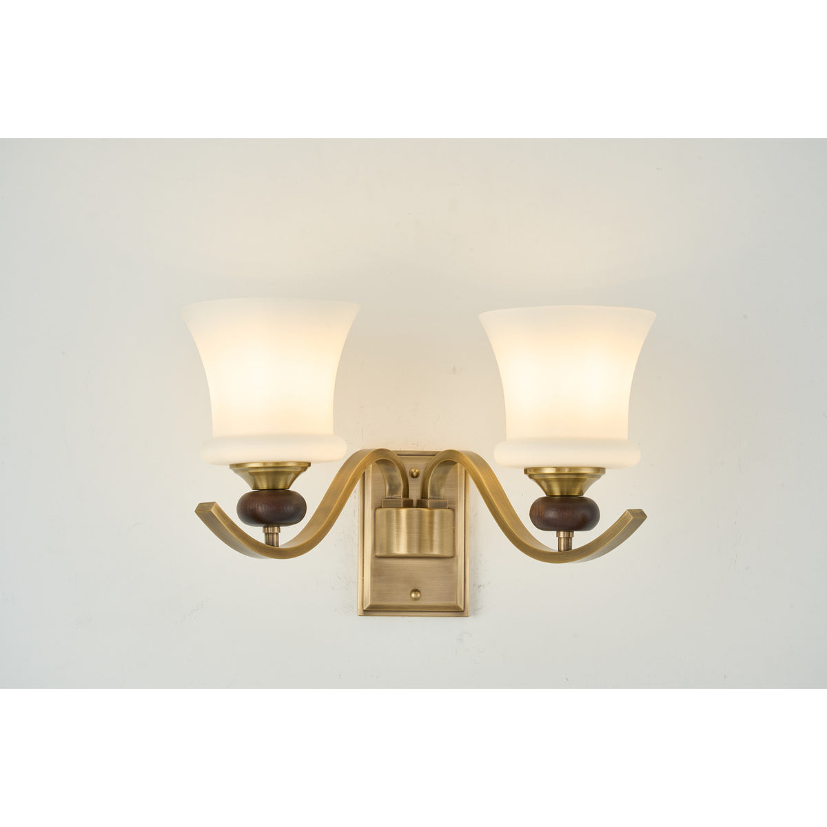 Supplier real photograph of the illuminated Brontelle two-light wall sconce complete front view