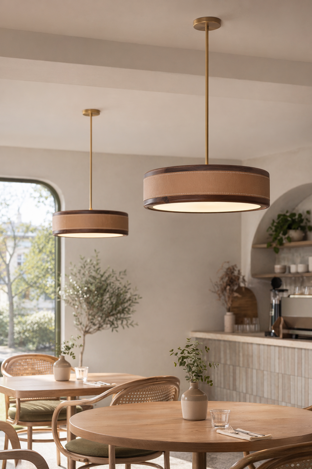 Modern Handmade Leather & Wood Ring Ceiling Light