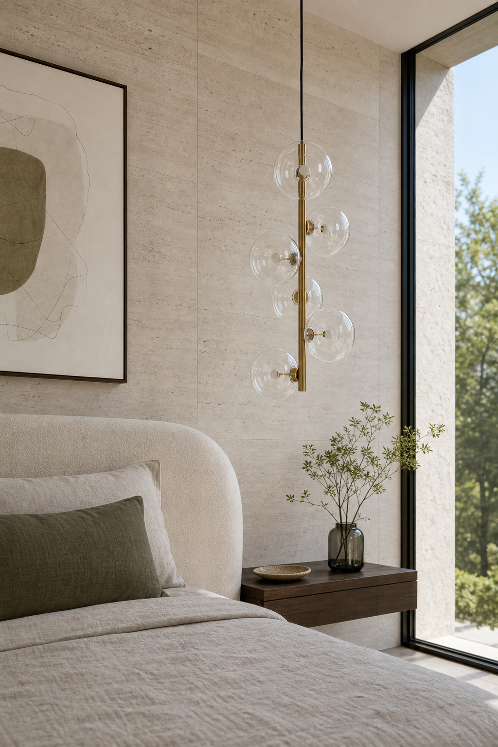Clear glass six-light vertical pendant in a bright modern bedroom with the lights off