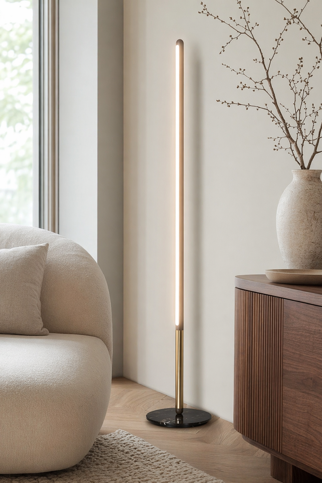 Modern Walnut LED Floor Lamp with Marble Base - generated main 06 06-close-room-angle