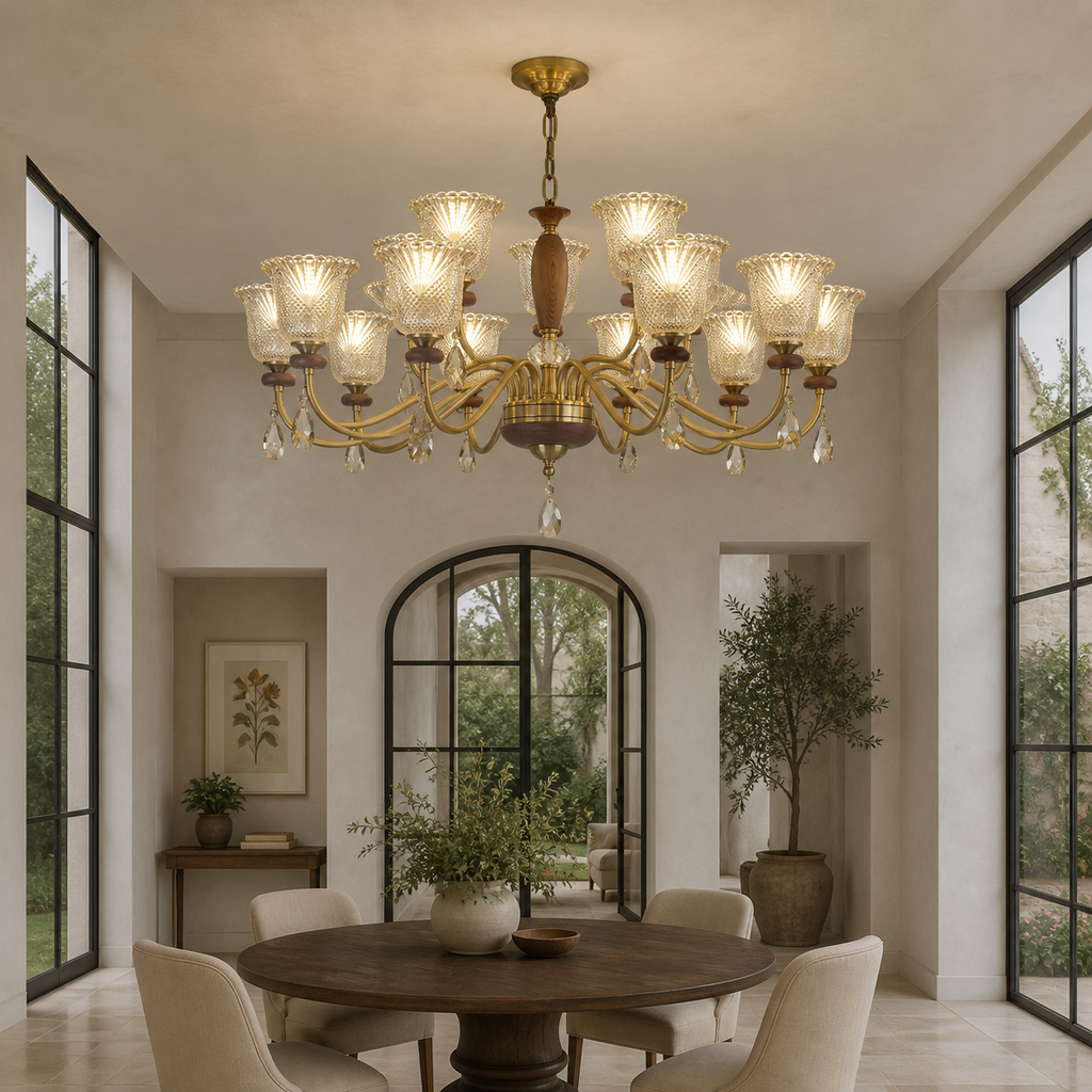 Cognelle ten plus five two-tier chandelier illuminated in a garden room