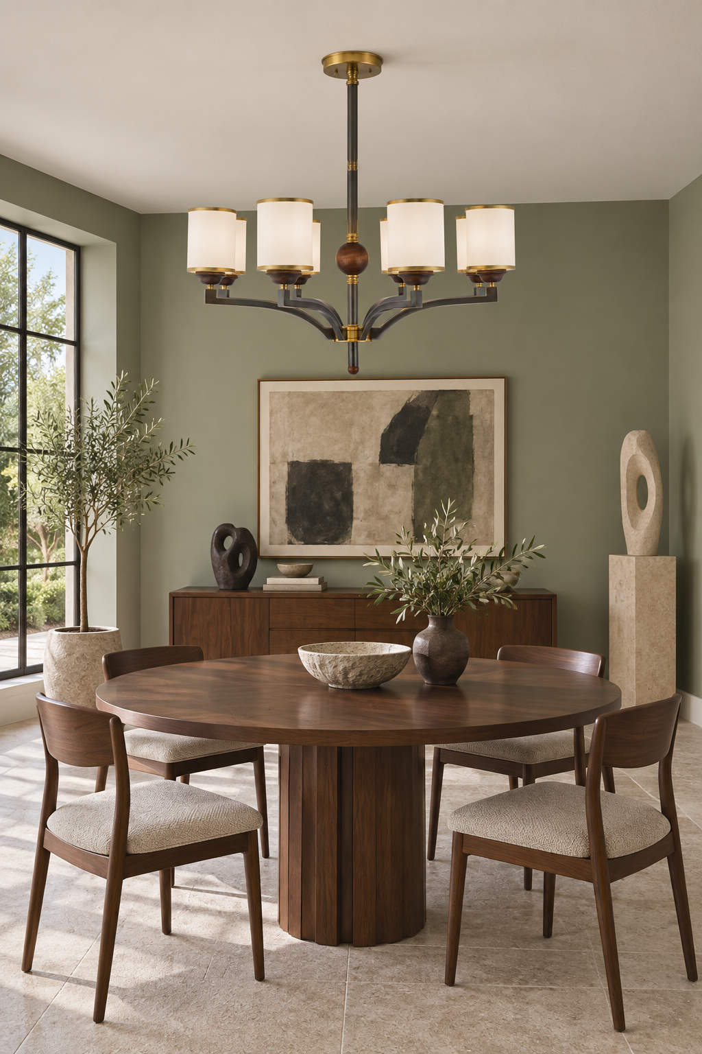 Cylmere six-light chandelier centered above a round walnut table in a muted-sage gallery dining room, fixture off