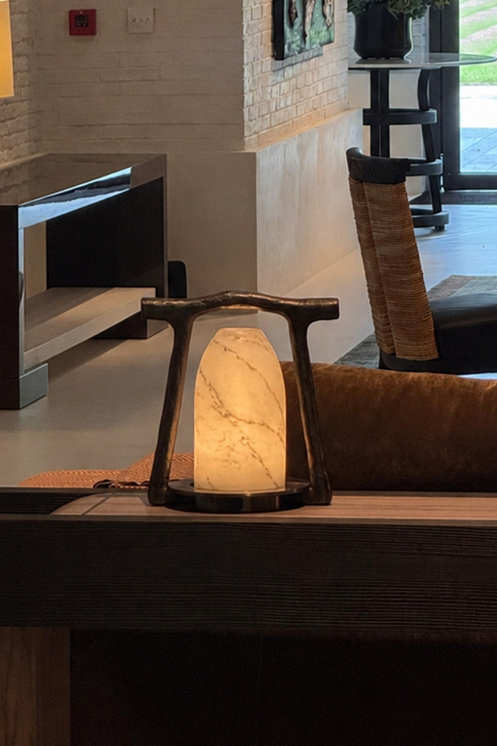 Sculptural Alabaster and Cast Brass Table Lamp — complete real daylight lounge source