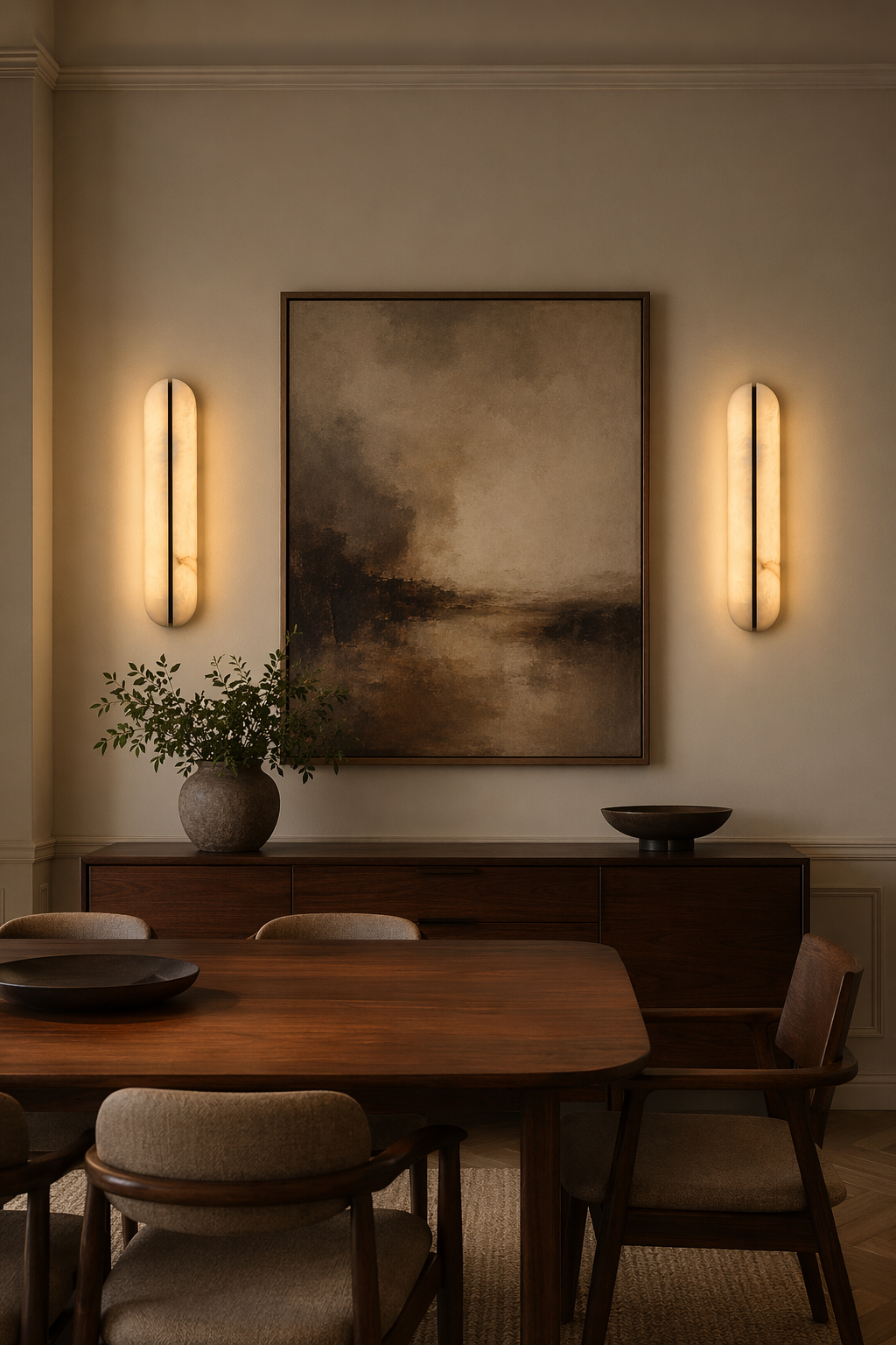 Pair of slim alabaster capsule sconces in a dining room