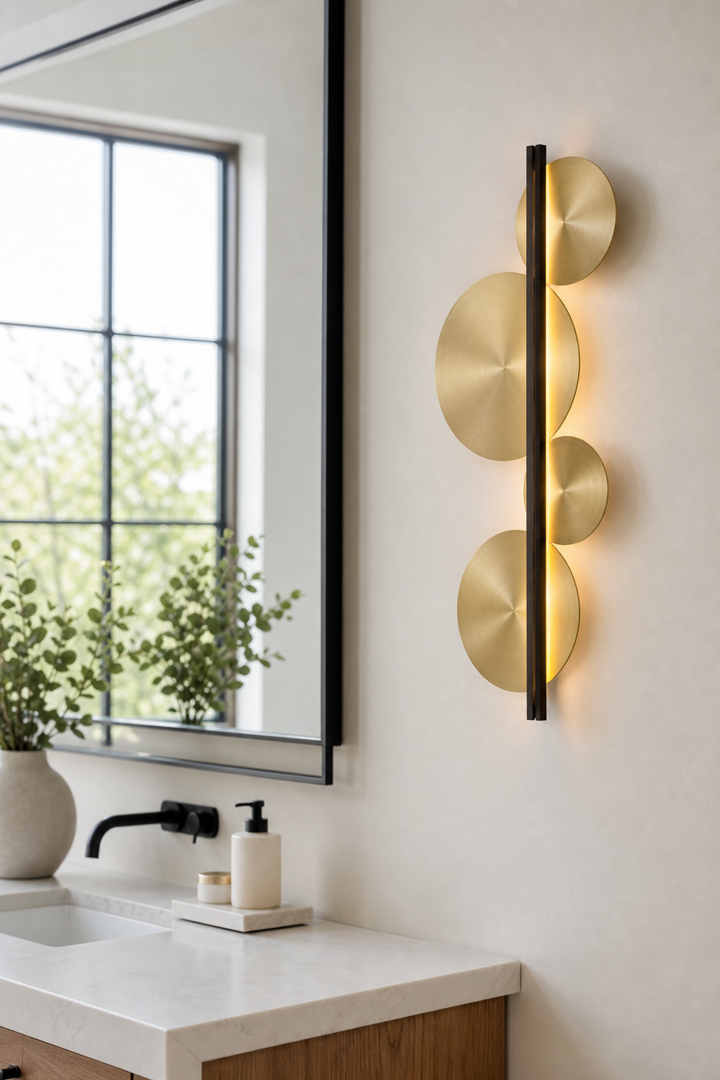 Brass Disc LED Wall Sconce installed at a dry vanity