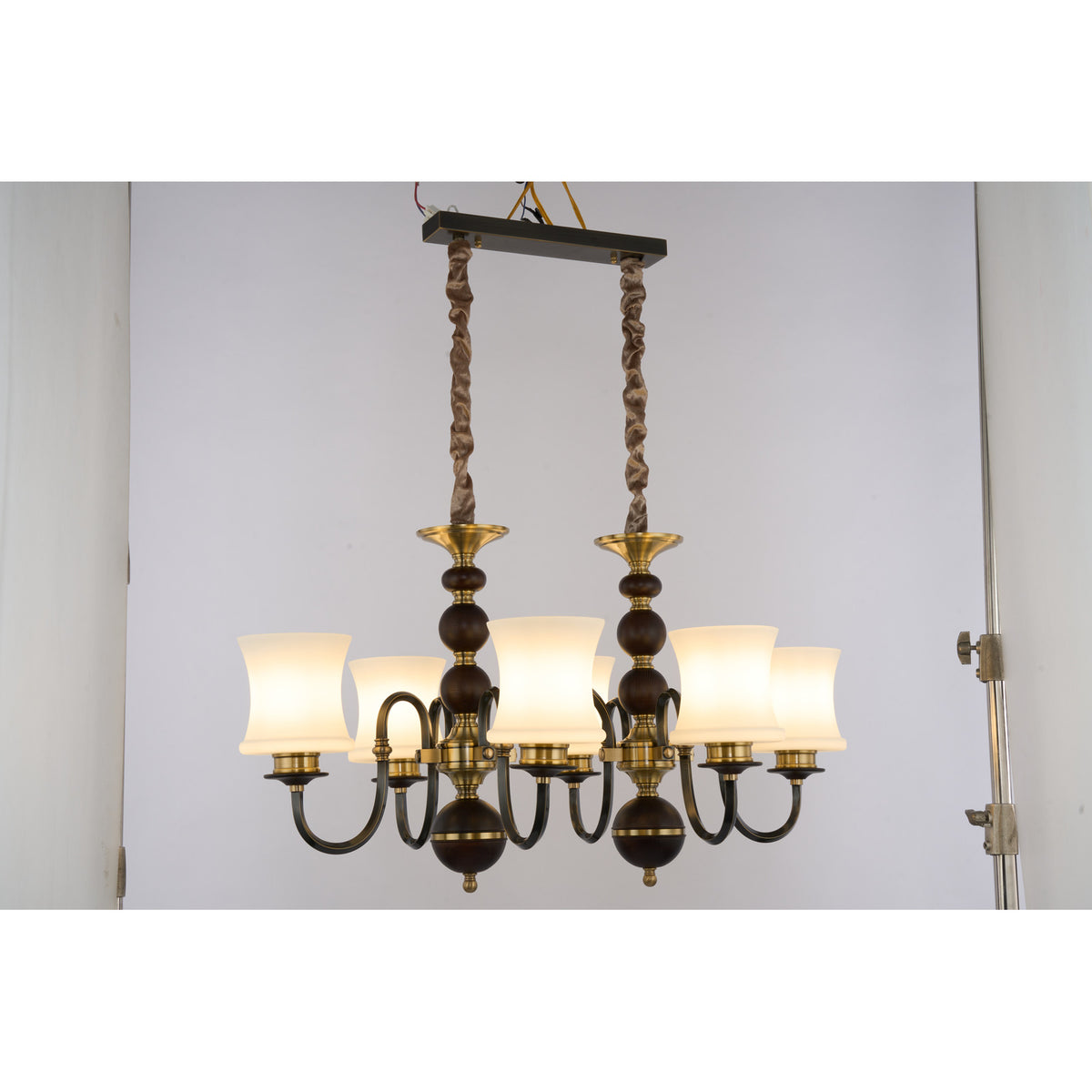 Supplier real photograph of the Ebonelle six-light linear chandelier alternate angle