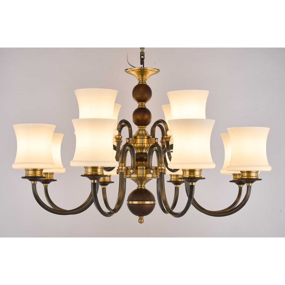 Supplier real photograph of the Ebonelle twelve-light two-tier chandelier complete front view