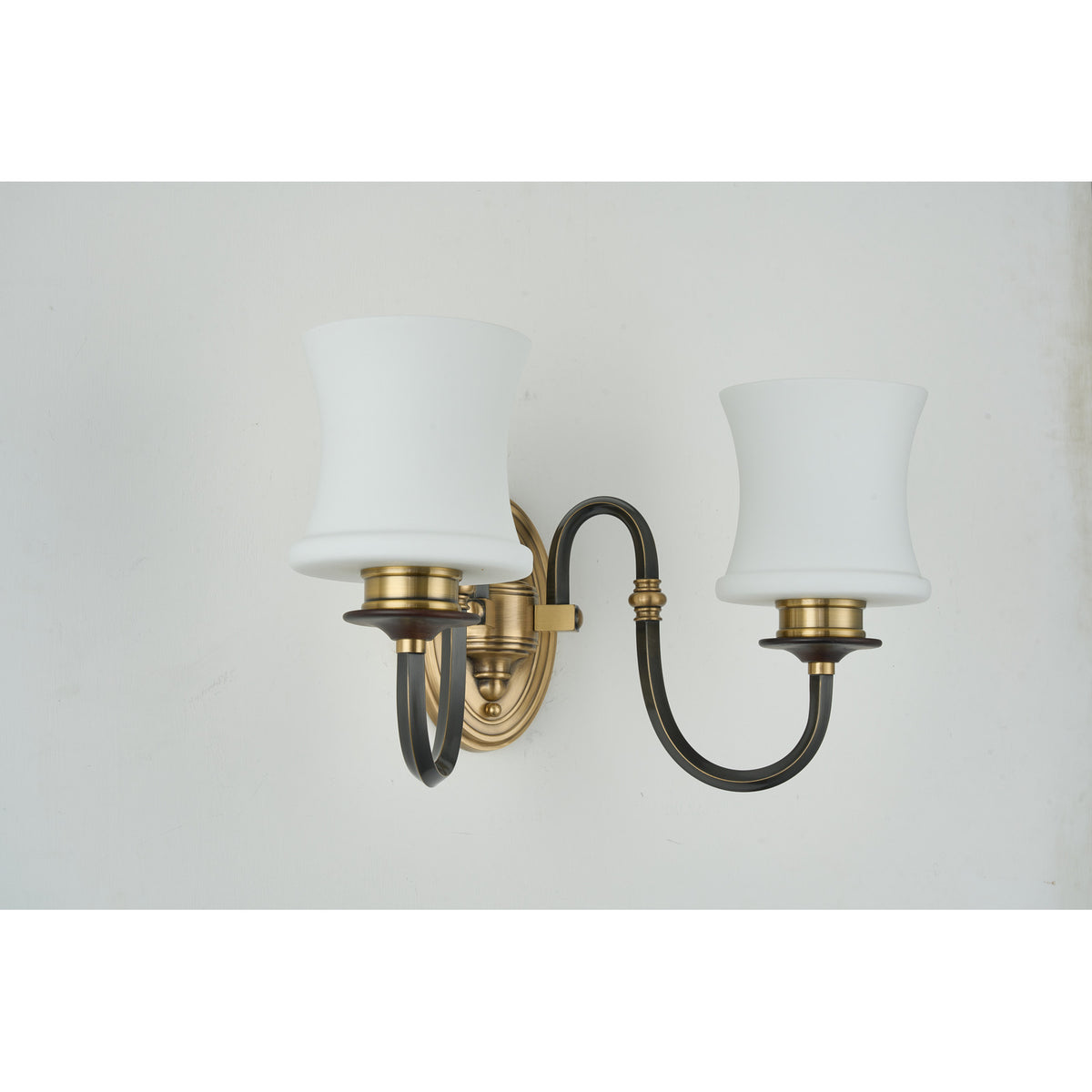 Supplier real photograph of the illuminated Ebonelle two-light wall sconce complete front view