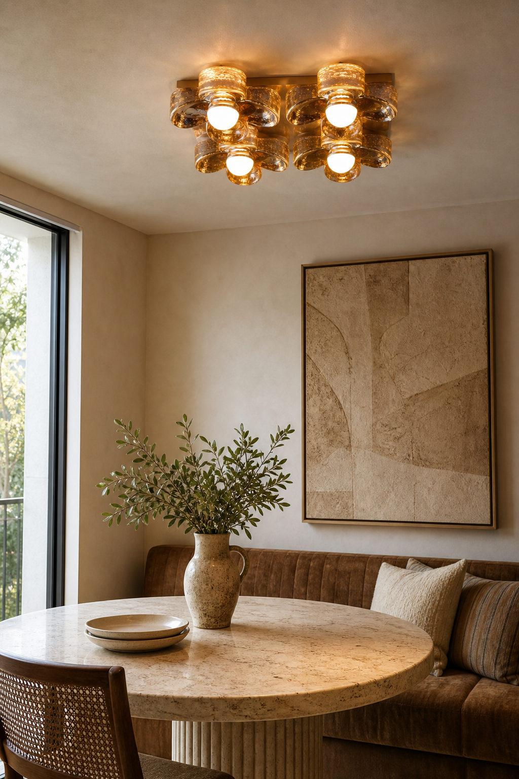 4-Light Amber Glass Flush Mount Ceiling Light installed over a dining area