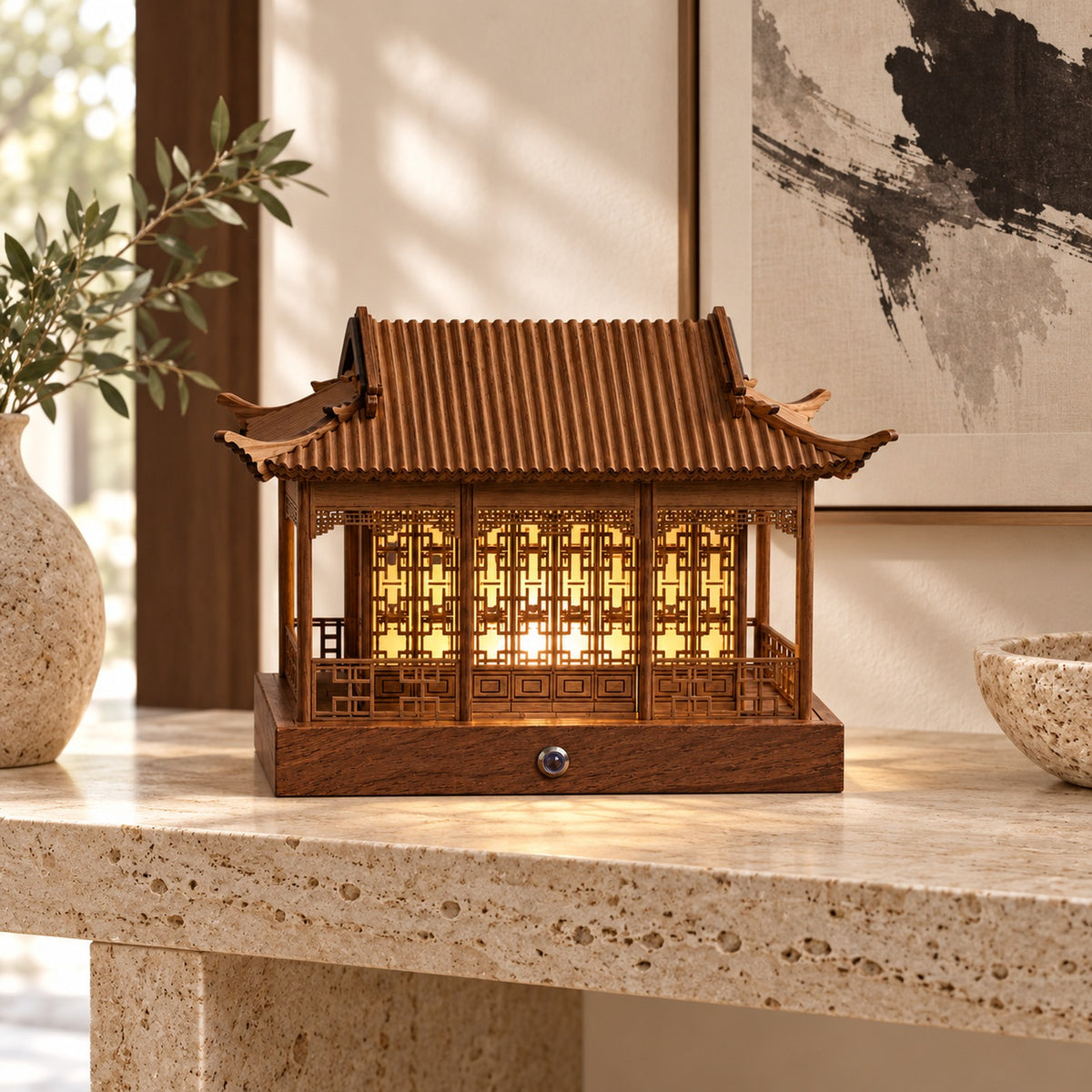 Walnut finish rain pavilion lamp in a modern entryway