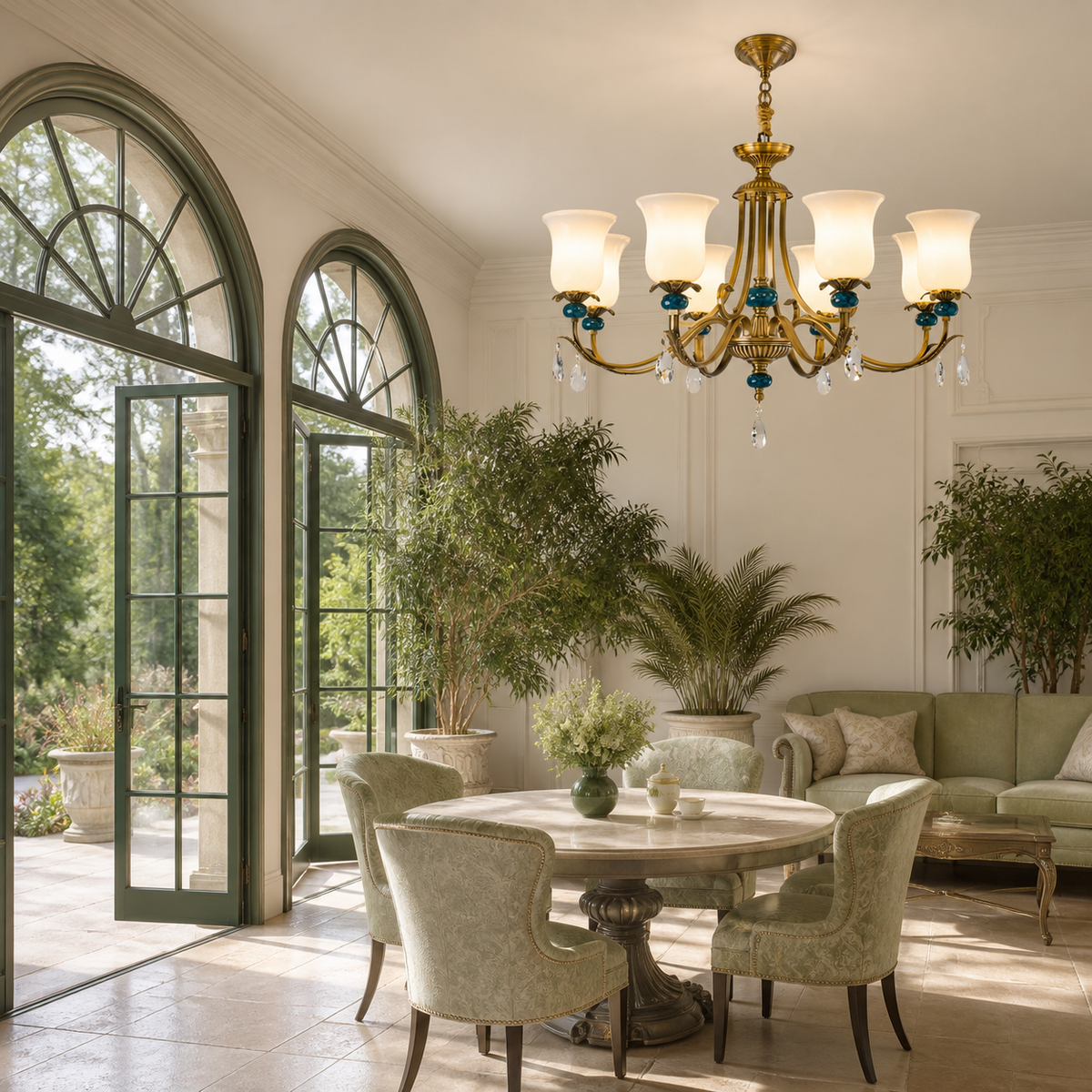 Marcelline chandelier in a non-centered conservatory salon composition