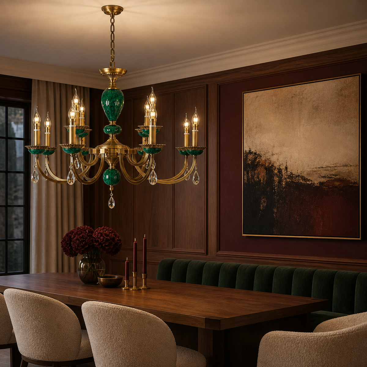 Valeria ten-light chandelier in a left-weighted townhouse dining room