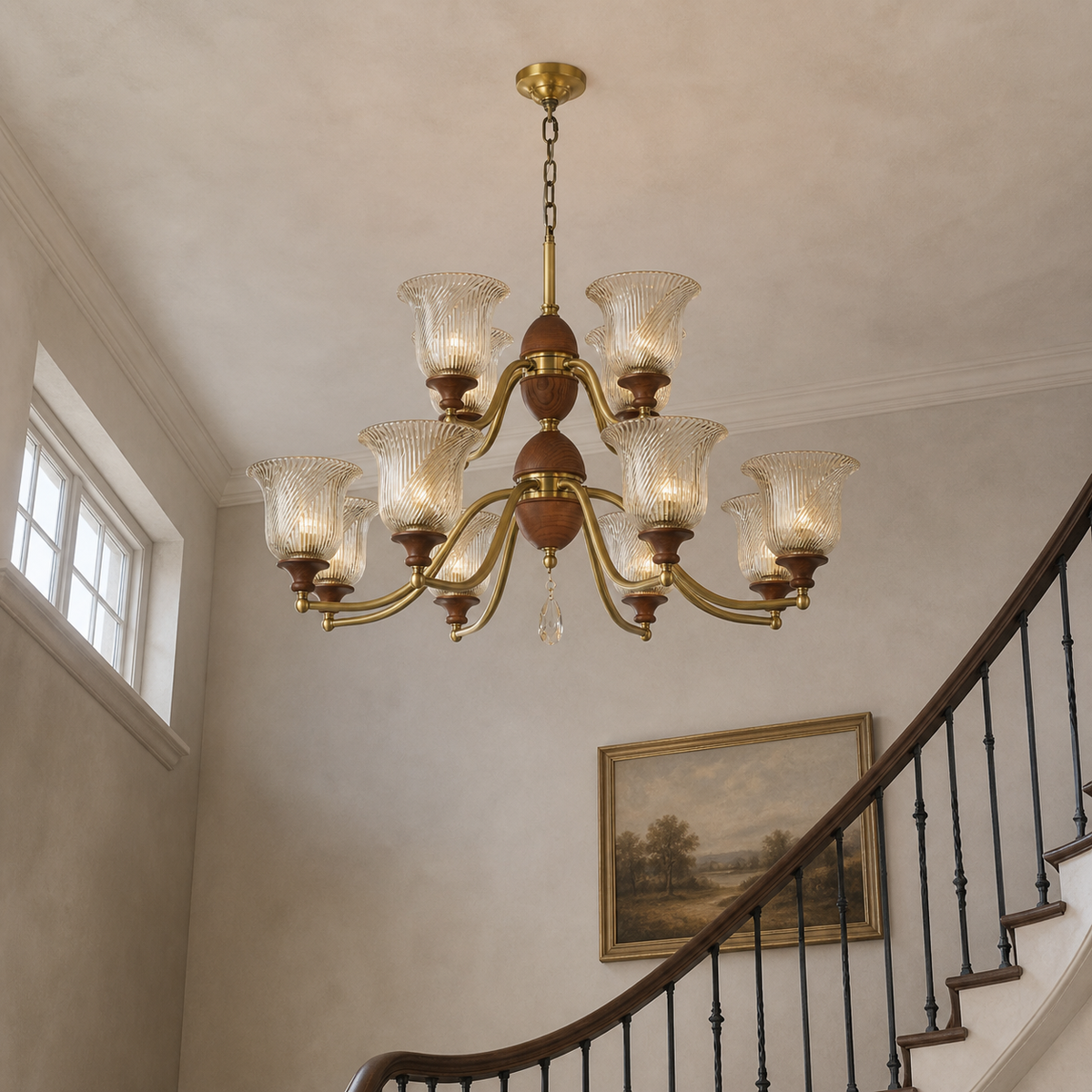 Elowen 8 plus 4 two-tier chandelier in a townhouse stair hall