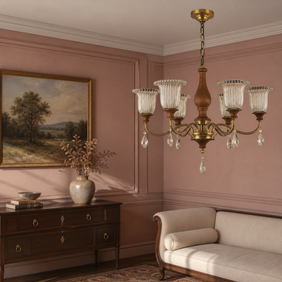 Rosalind six-light chandelier in a right-weighted dusty rose drawing room