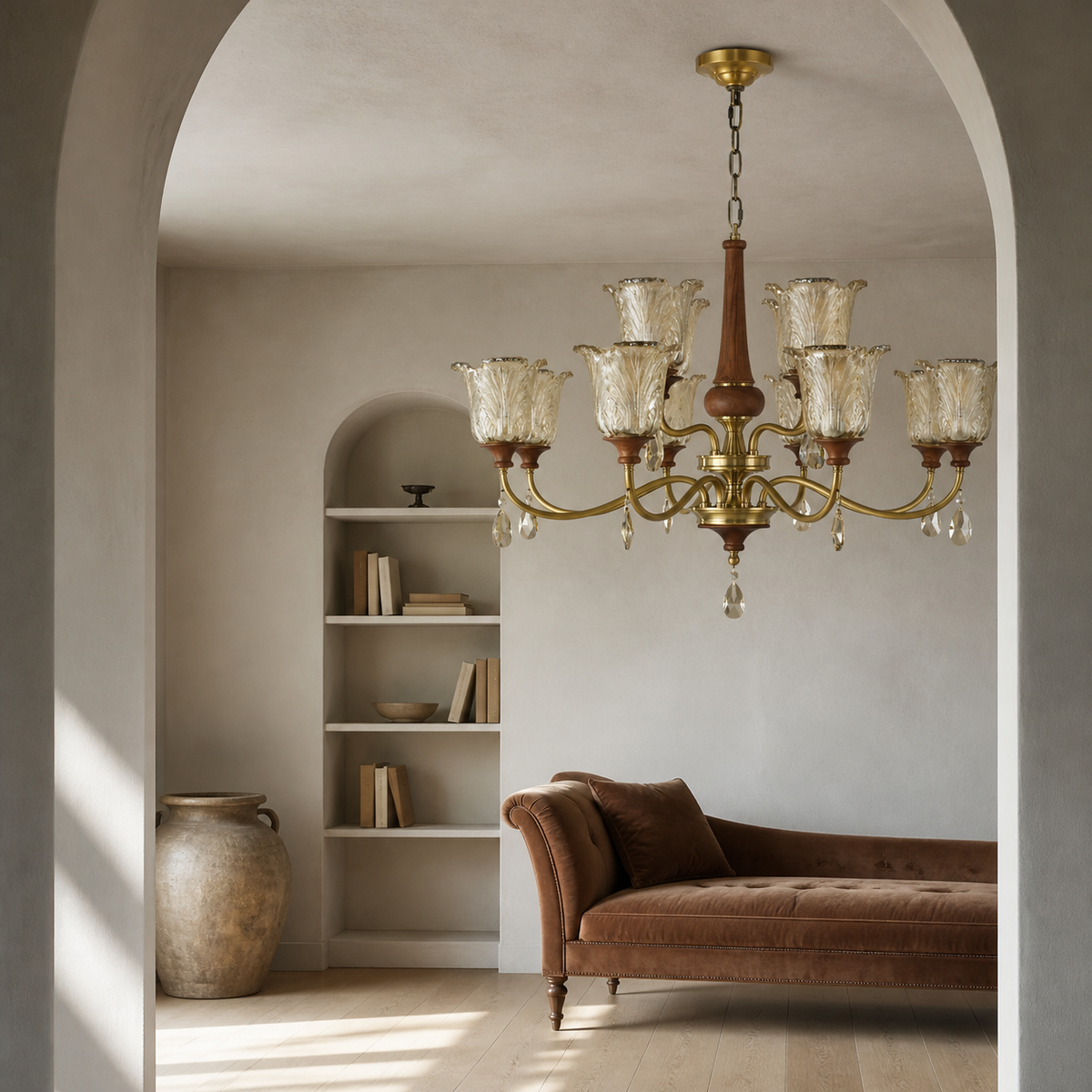 Aurelia eight-light chandelier framed asymmetrically by an arched reading room