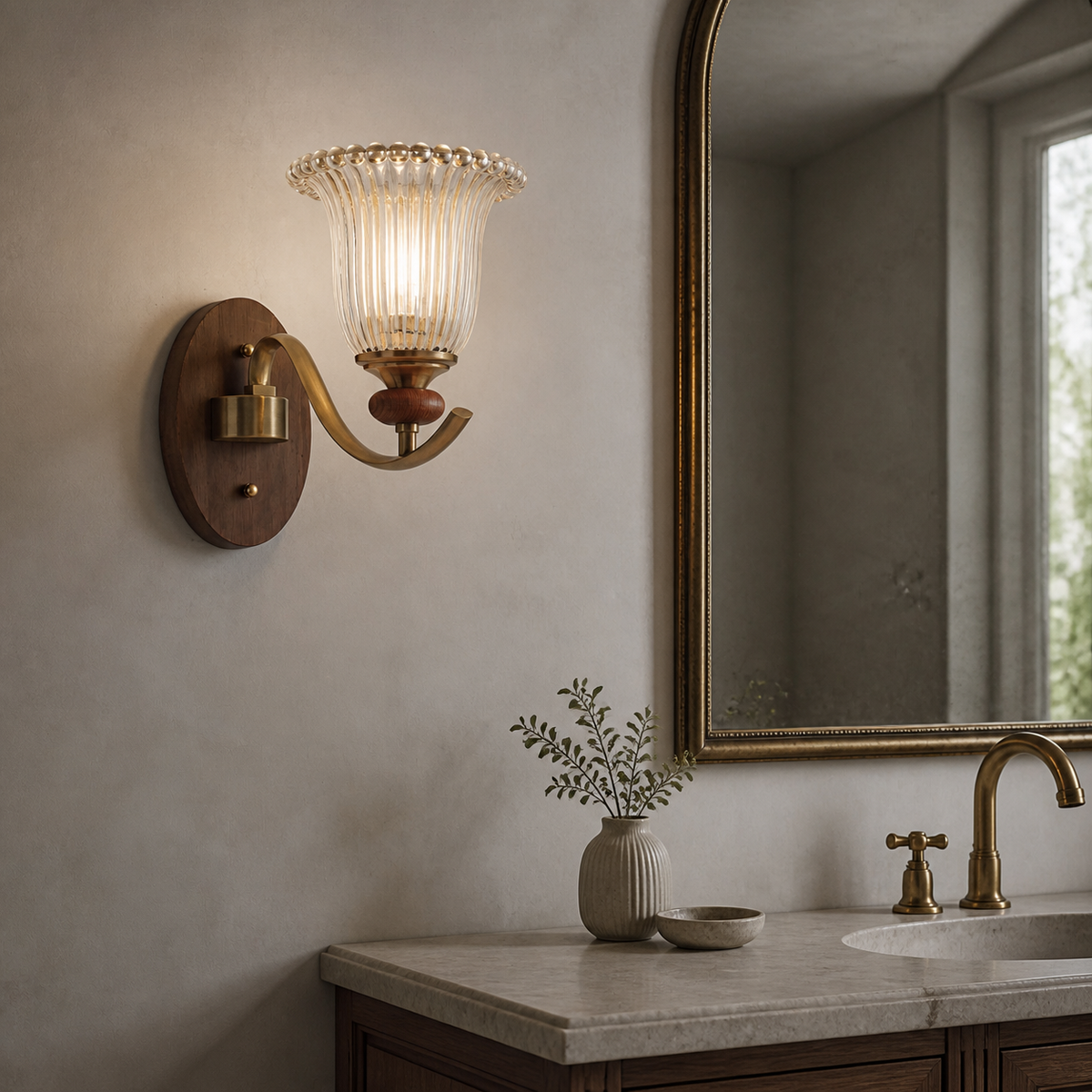 Ribbed tulip glass and wood wall sconce beside a dry vanity area