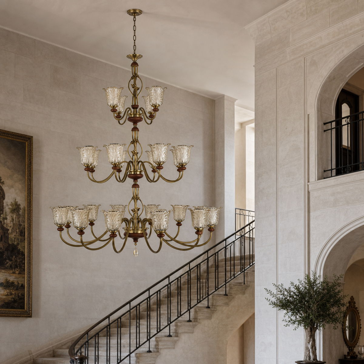 Twenty-four-light twelve plus eight plus four three-tier sculpted leaf glass chandelier in a travertine atrium