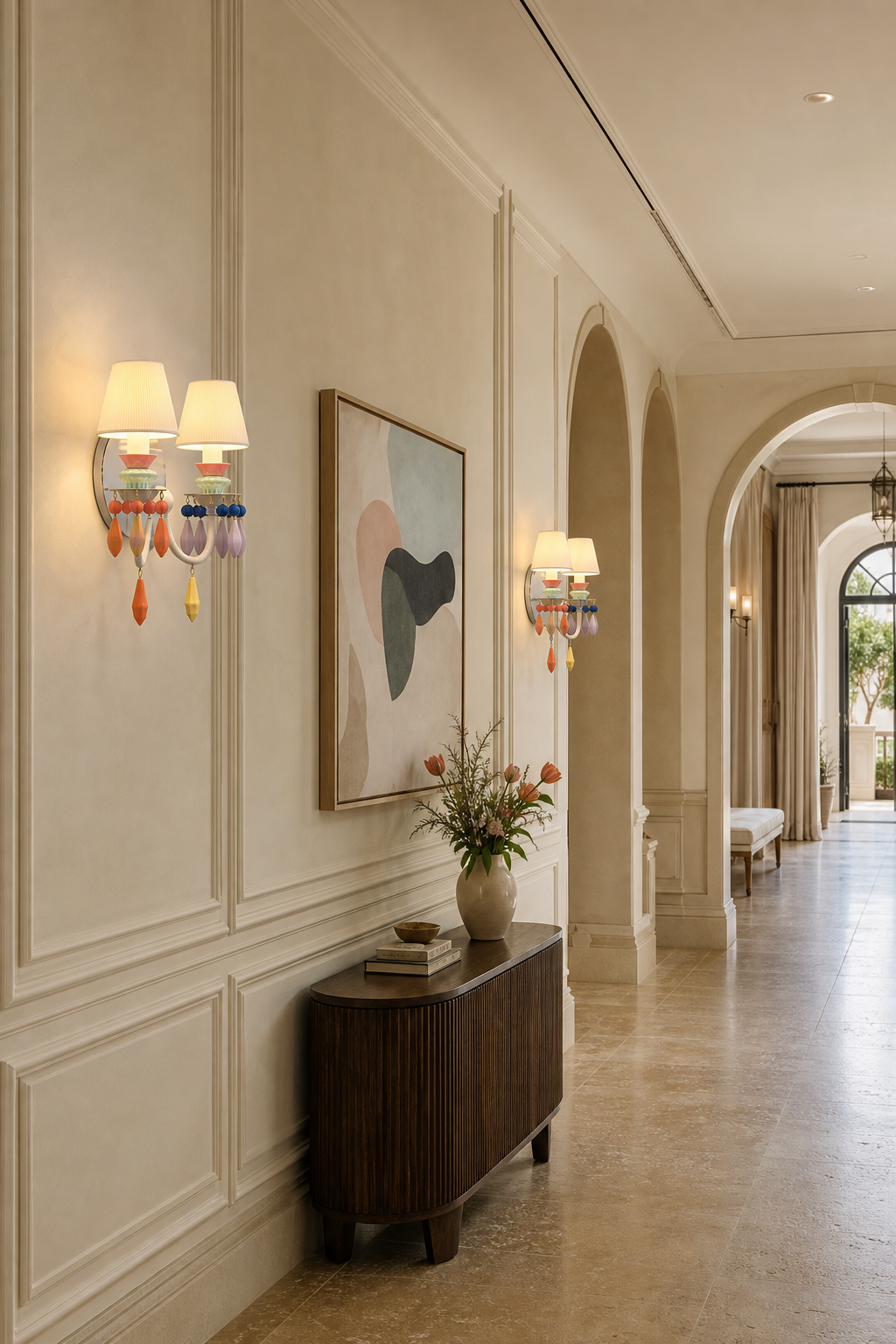 Pastel Ceramic Two-Light Wall Sconce hotel corridor wide