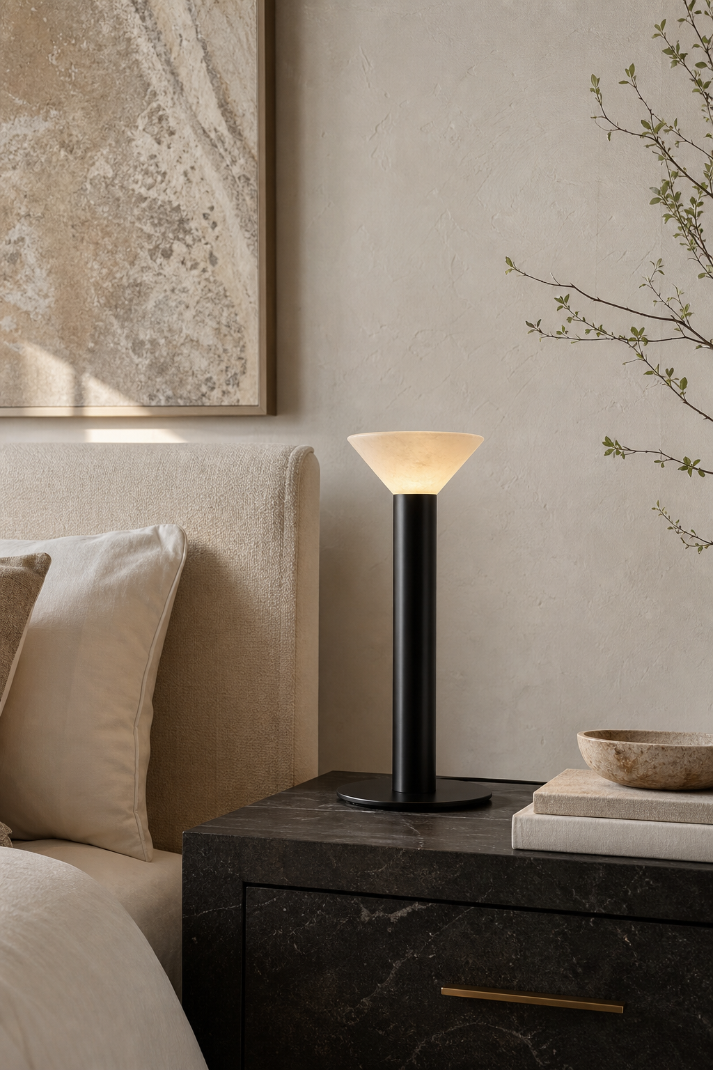 Minimalist Cone LED Table Lamp illuminated in a warm evening interior