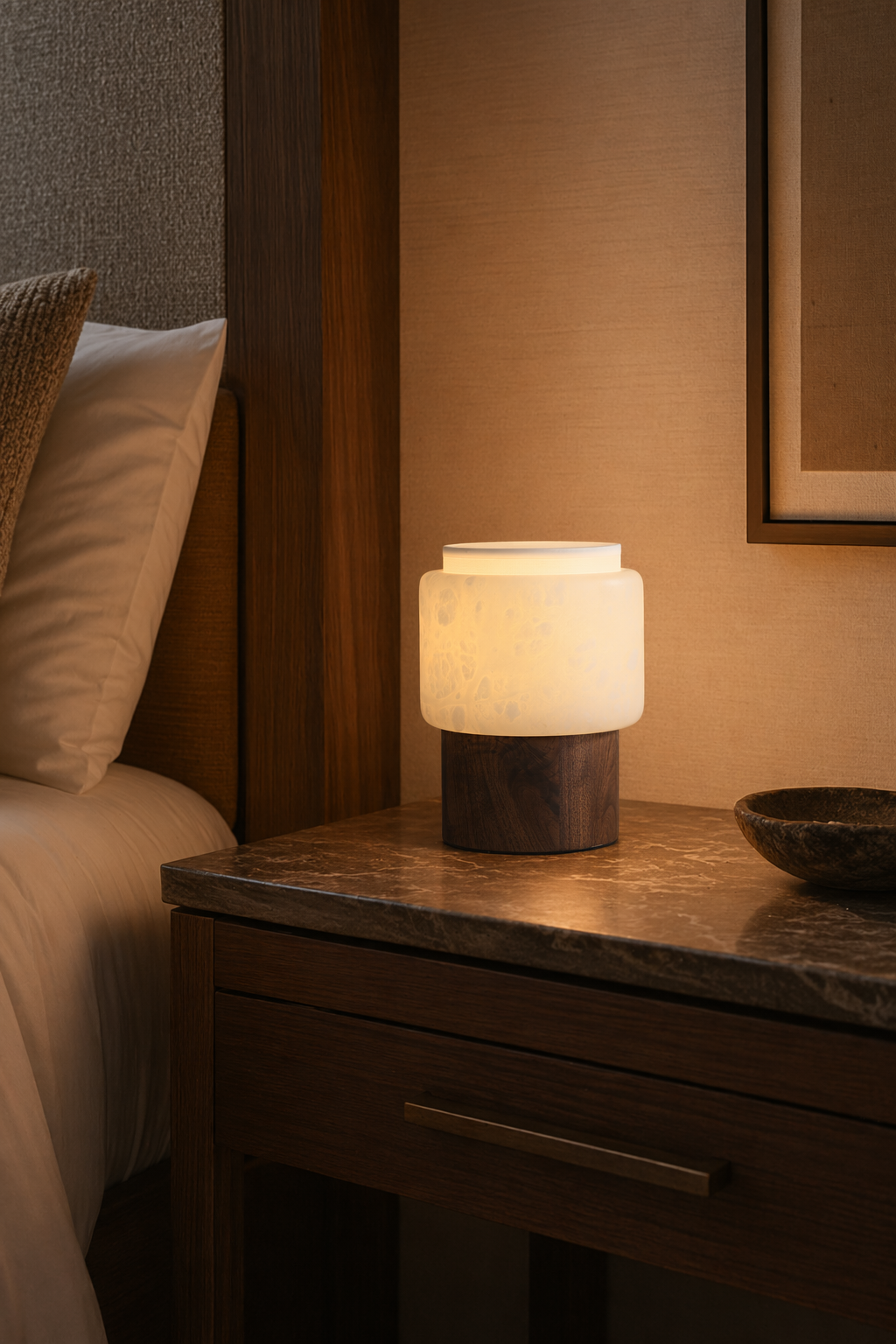 Modern Alabaster Wood Cylinder Table Lamp - 06 06-hotel-nightstand-wide