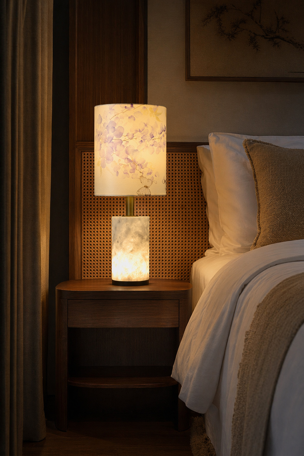 Modern Purple Floral Fabric Shade Table Lamp - generated main 06 06-hotel-nightstand