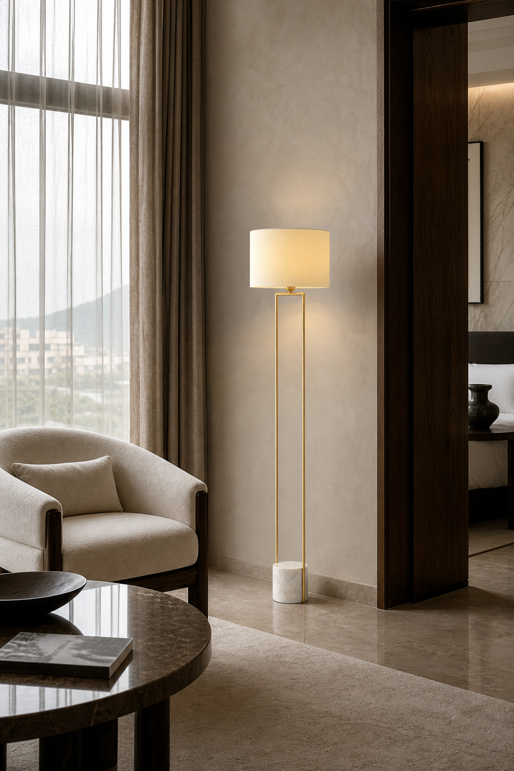 Double-Rod Marble Base Floor Lamp in natural brass styled in a bedroom, view 6