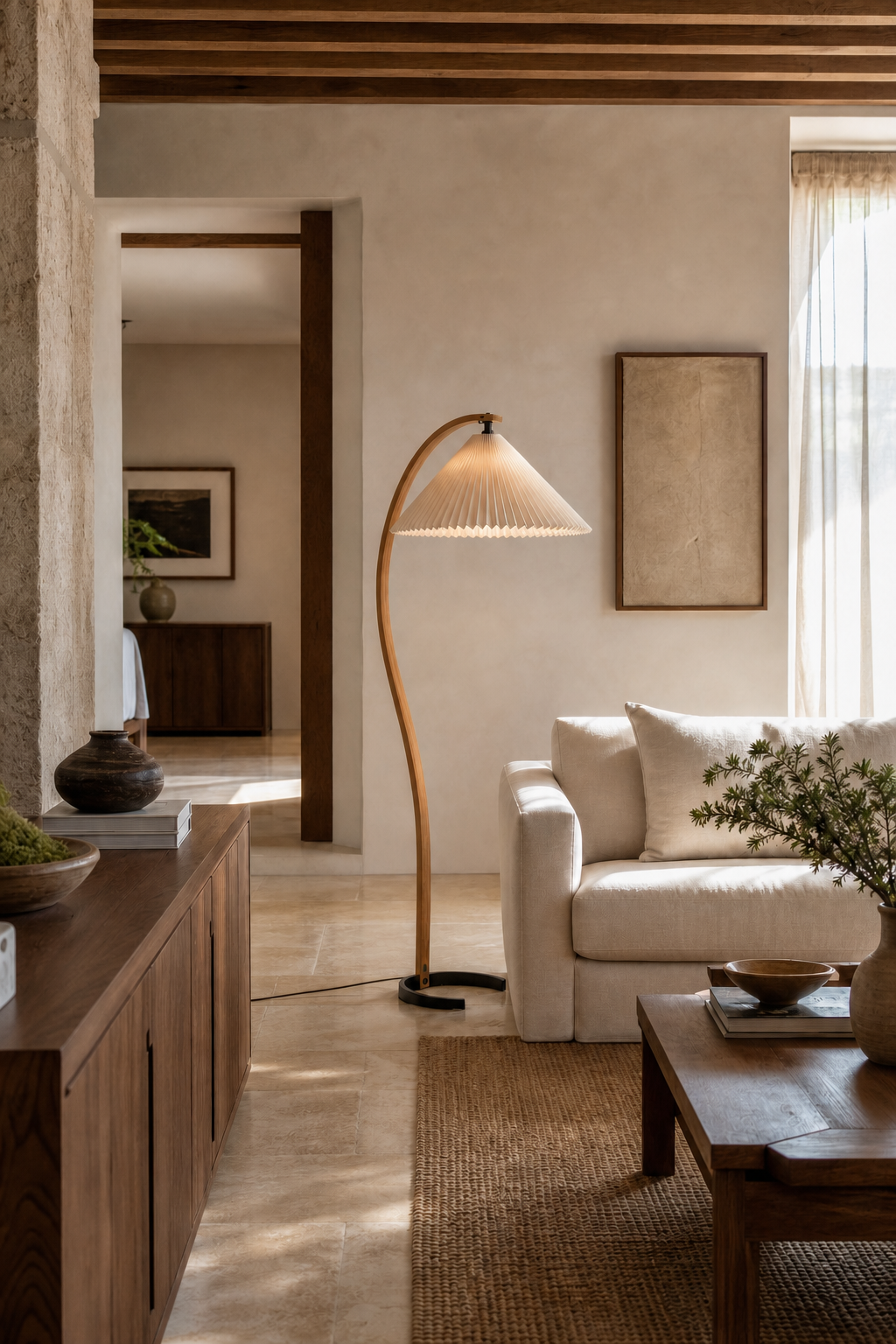 Sculptural Wood Floor Lamp — floor lamp in a hotel-style suite