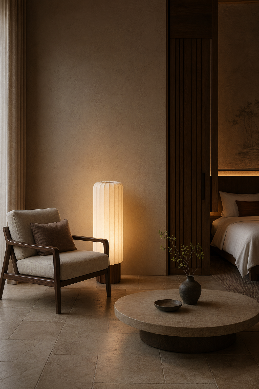 Modern Mulberry Silk Cylinder Table and Floor Lamp with Walnut Wood-Grain Base - product image 04