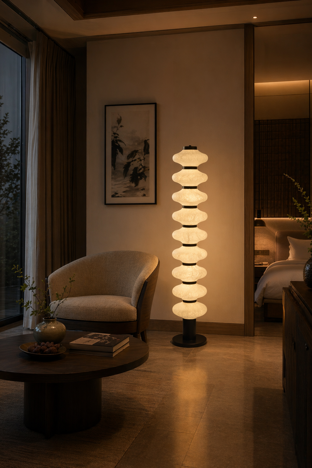 Modern Mulberry Silk Stacked Floor Lamp in Matte Black and White - product image 09