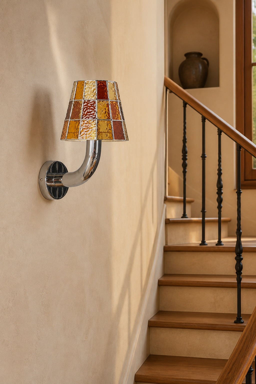 Textured Glass Long-Arm Wall Sconce — long orange stair daylight